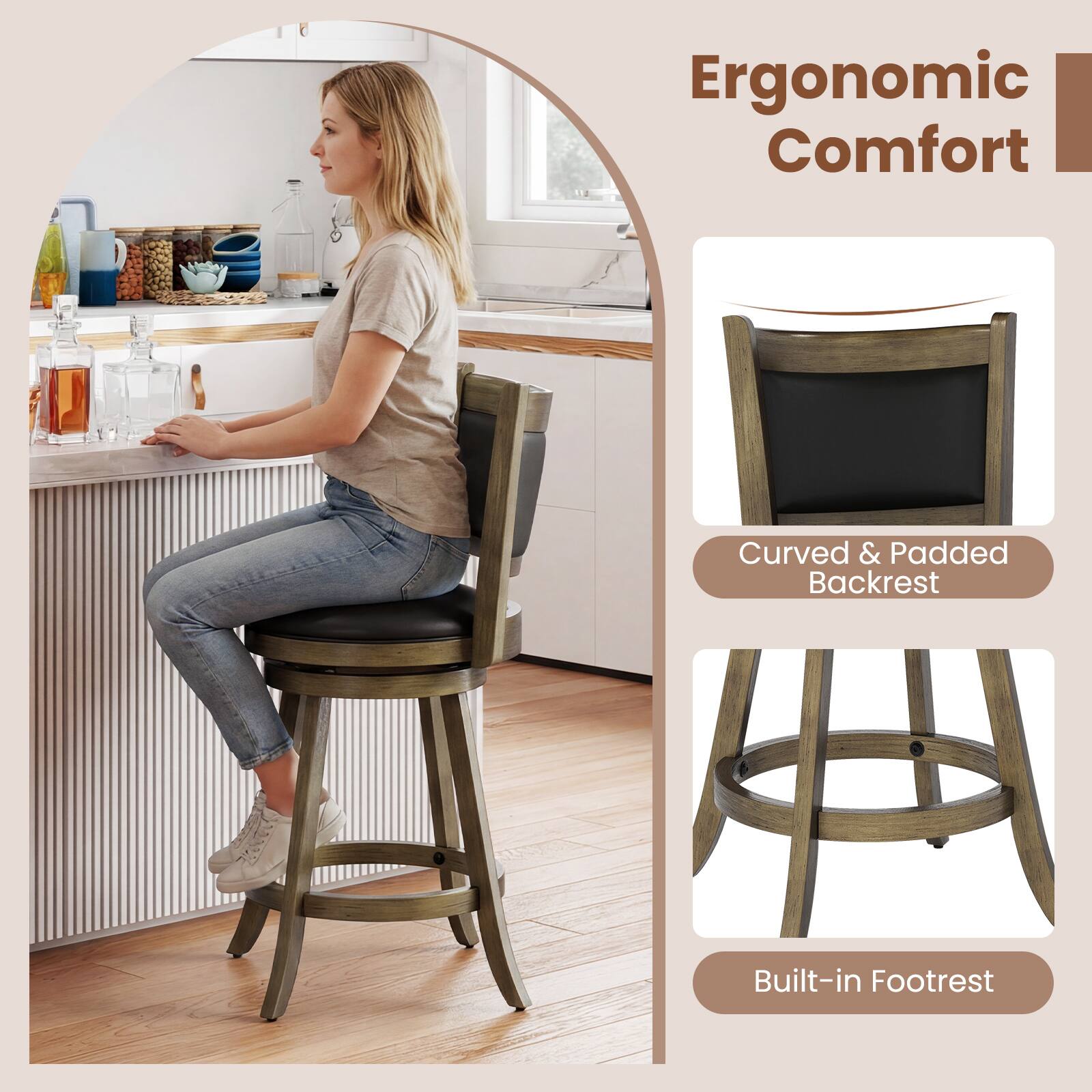 Ergonomic Comfort  
Curved & Padded Backrest  
Built-in Footrest