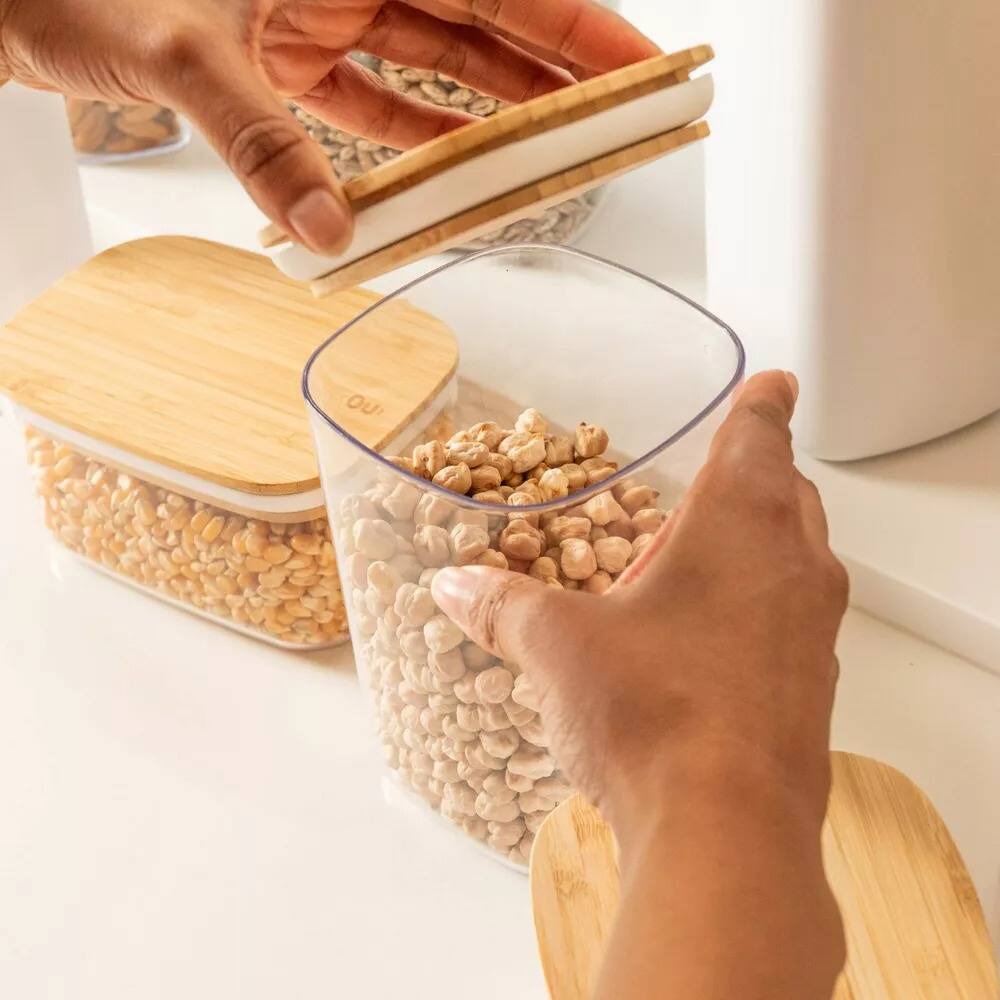 Alt View 2. OU - OU Food Storage Container Set 32pc (set of 16) Airtight Plastic Containers, Leak Proof Bamboo Lids - Clear.