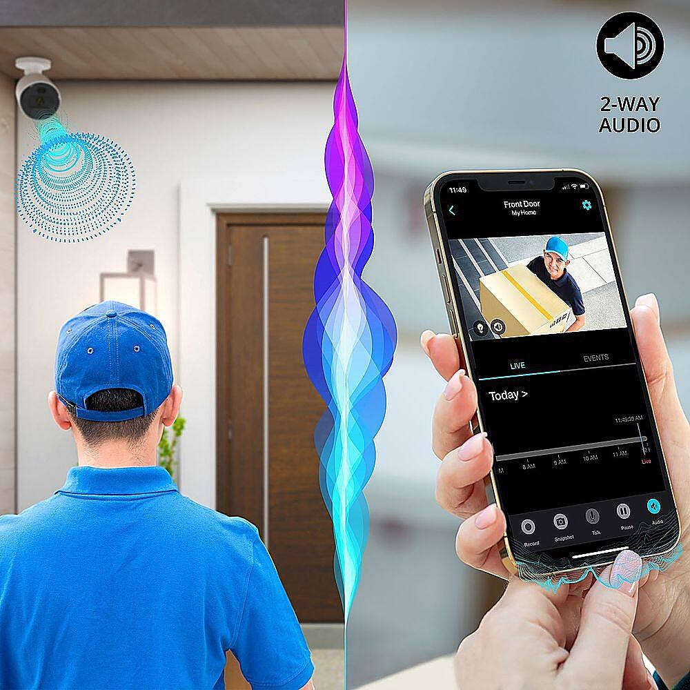 The image features a man in a blue shirt and a blue cap, holding a cell phone with a 2-way audio app on the screen. The app allows the man to communicate with someone at the front door of his home. The image also includes a clock, indicating the time of the event. The man is likely using the app to monitor the situation or interact with someone at the door.