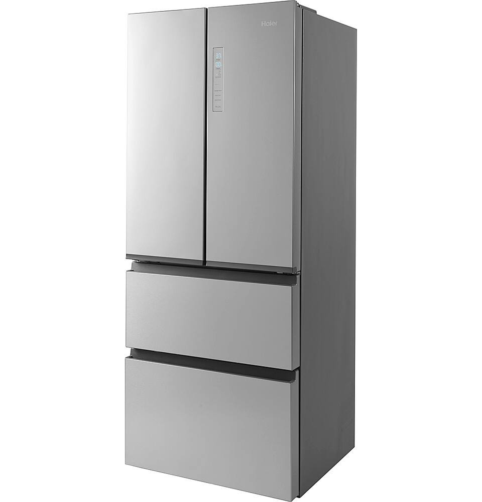 Left. Haier - 15.0 Cu. Ft. 4-Door French Door Free-Standing Refrigerator - Fingerprint Resistant Stainless Steel.