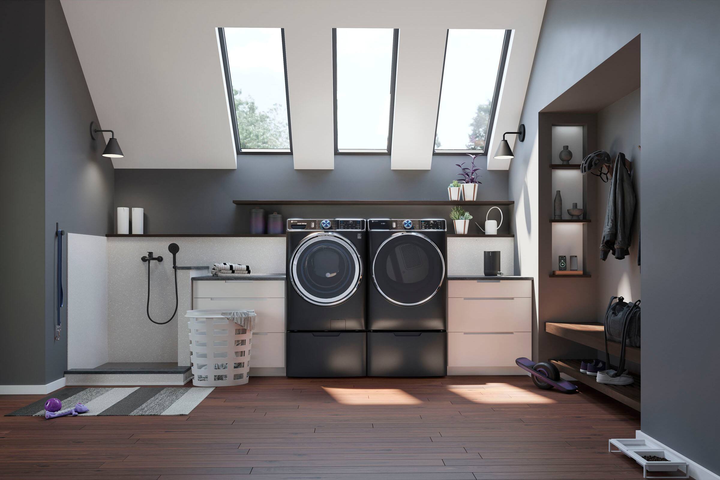 Alt View 16. GE Profile - Washer/Dryer Laundry Pedestal with Storage Drawer - Carbon Graphite.