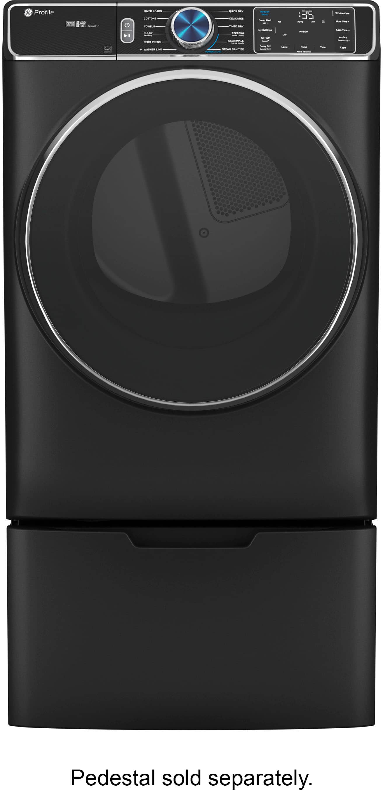 Left. GE Profile - 7.8 Cu. Ft. Stackable Smart Front Load Gas Dryer with Steam and Sanitize Cycle and Washer Link - Carbon Graphite.