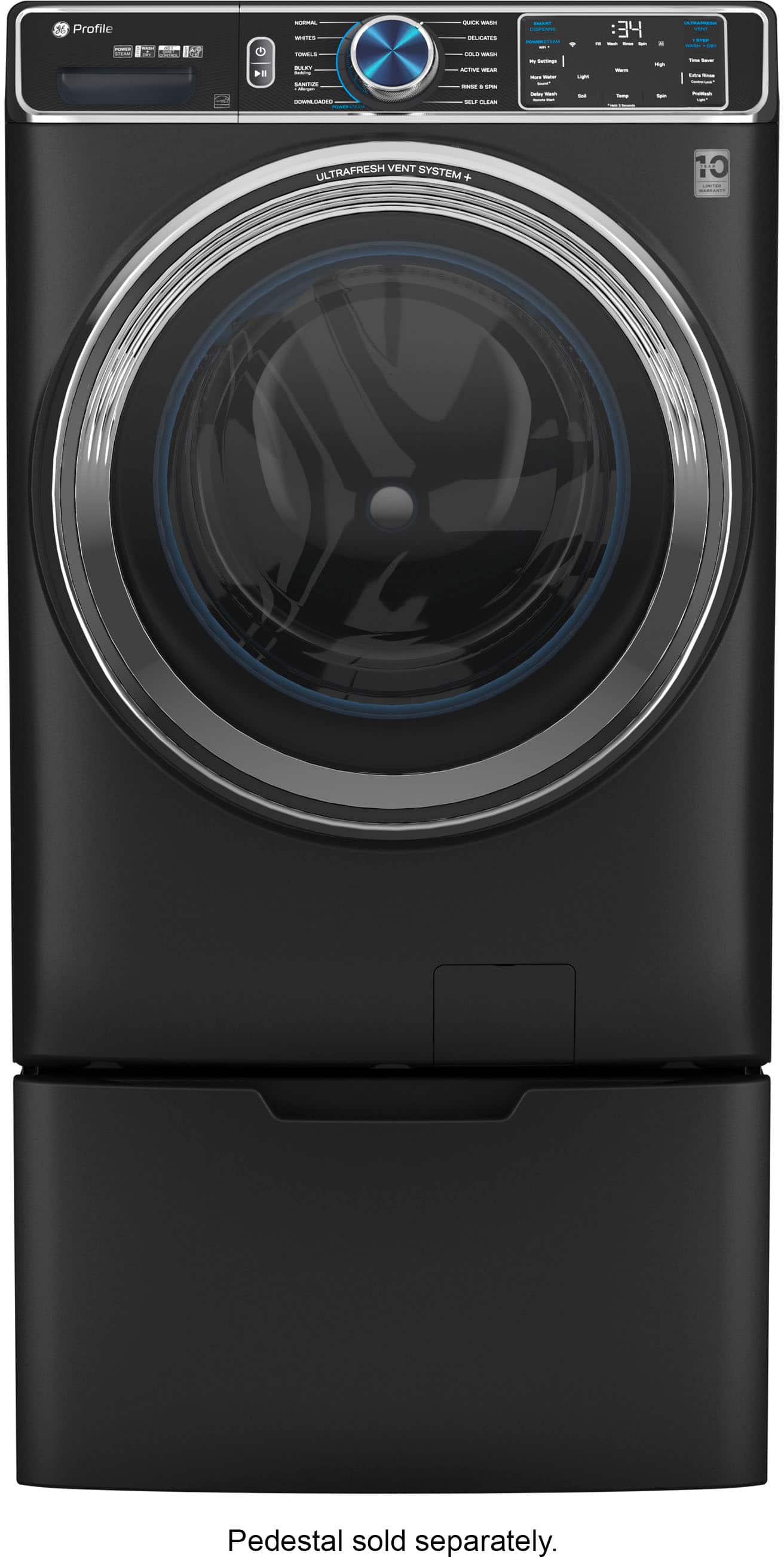 Left. GE Profile - 5.3 cu. ft Smart Front Load Steam Washer w/ SmartDispense, UltraFresh Vent System & Microban Antimicrobial Technology - Carbon Graphite.