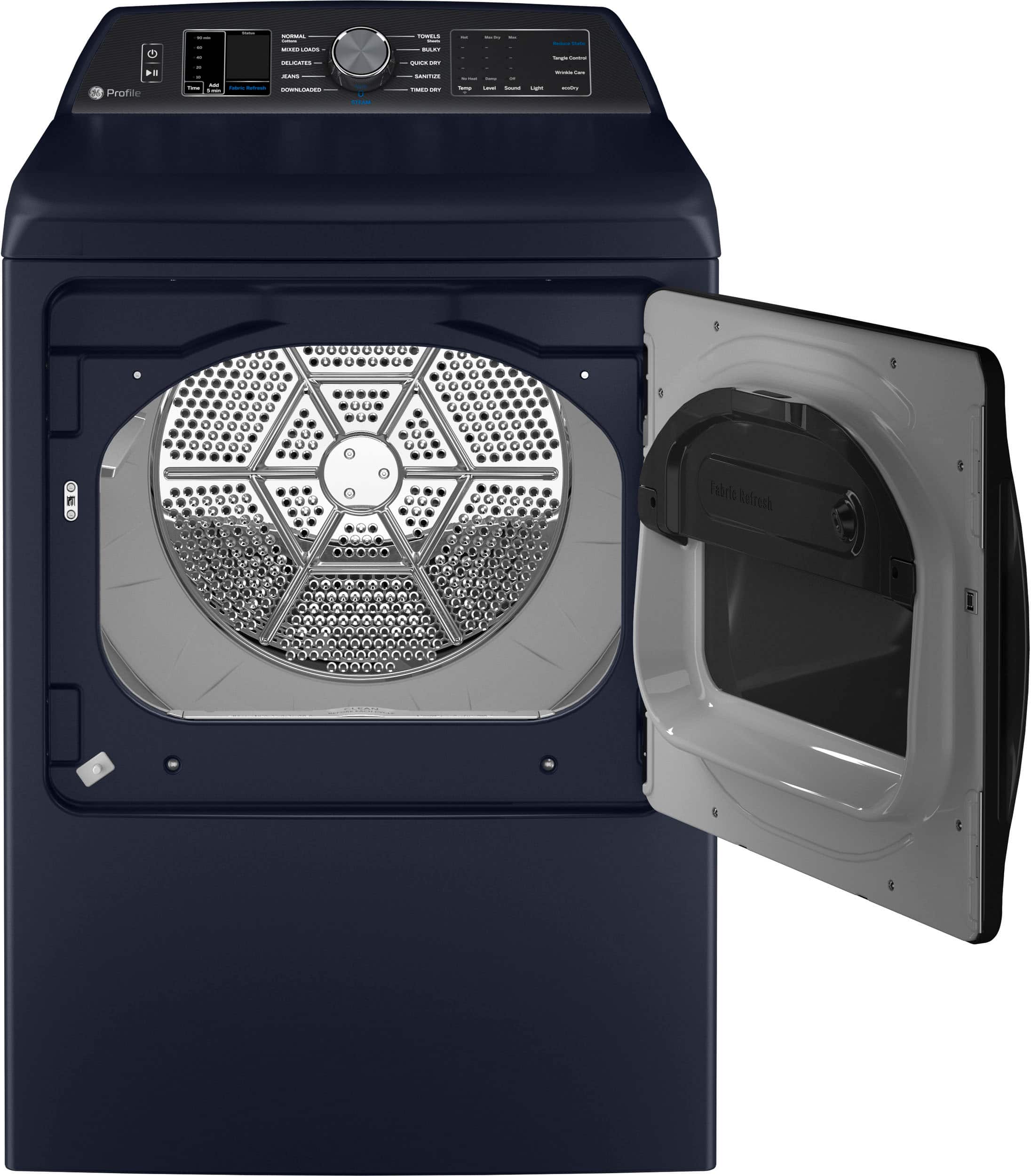 Angle. GE Profile - 7.3 cu. ft. Smart Electric Dryer with Fabric Refresh, Steam, and Washer Link - Sapphire Blue.