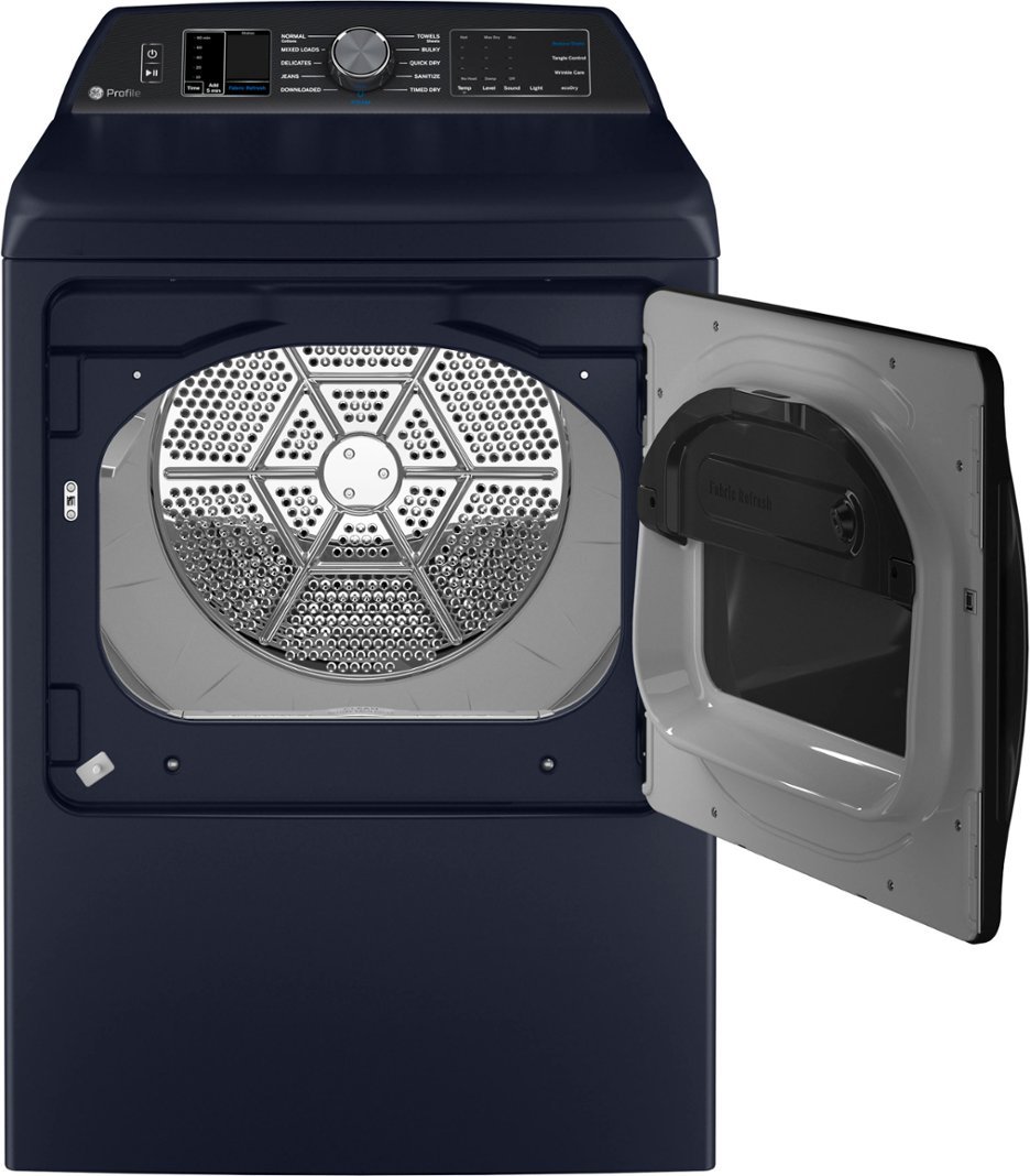 Zoom in on Angle Zoom. GE Profile - 7.3 cu. ft. Smart Electric Dryer with Fabric Refresh and Sanitize Cycle - Sapphire Blue.