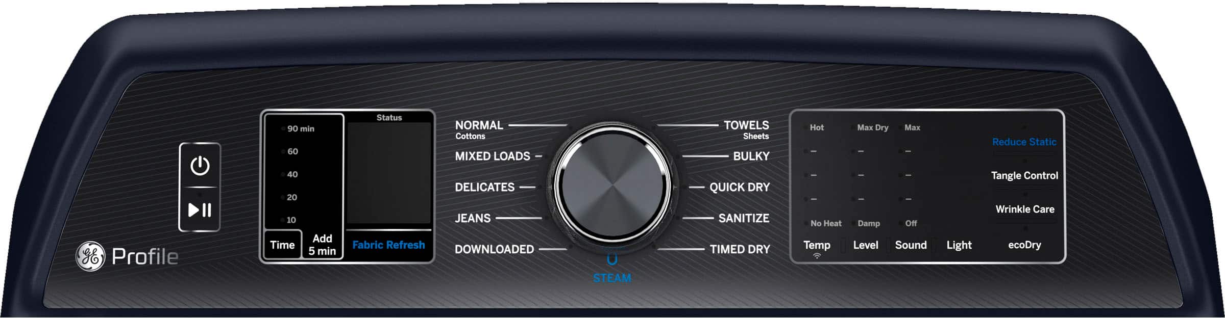 Alt View 2. GE Profile - 7.3 cu. ft. Smart Electric Dryer with Fabric Refresh, Steam, and Washer Link - Sapphire Blue.