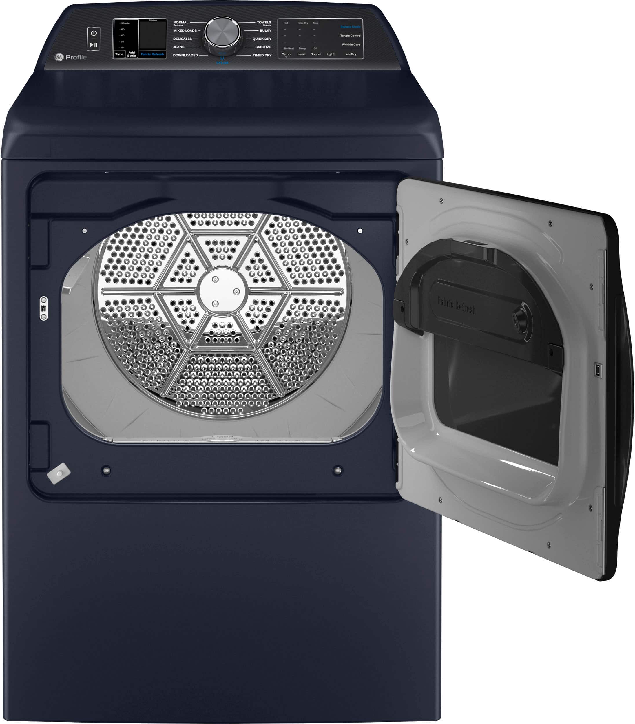Angle. GE Profile - 7.3 cu. ft. Smart Gas Dryer with Fabric Refresh, Steam, and Washer Link - Sapphire Blue.