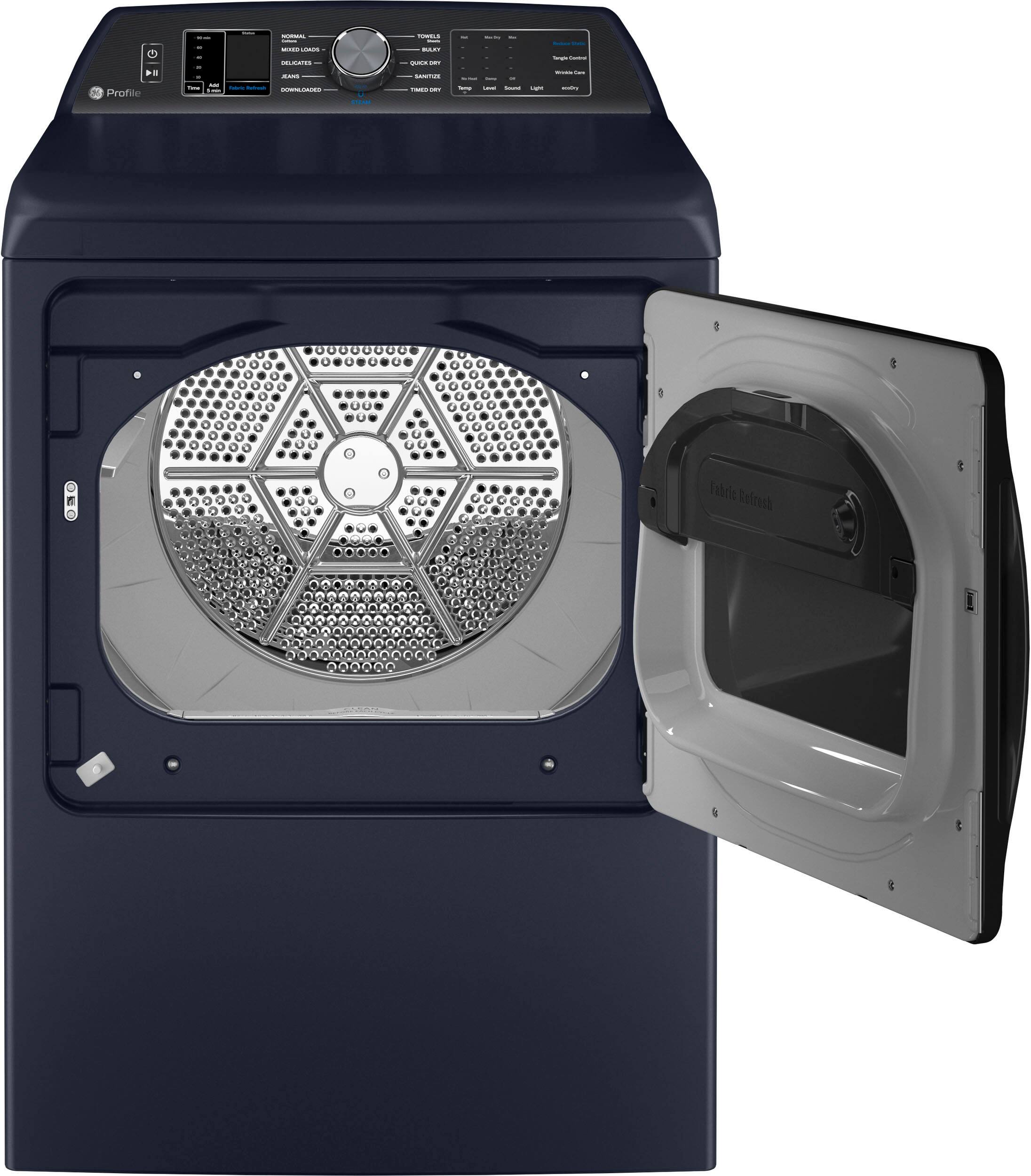 Angle. GE Profile - 7.3 cu. ft. Smart Gas Dryer with Fabric Refresh, Steam, and Washer Link - Sapphire Blue.