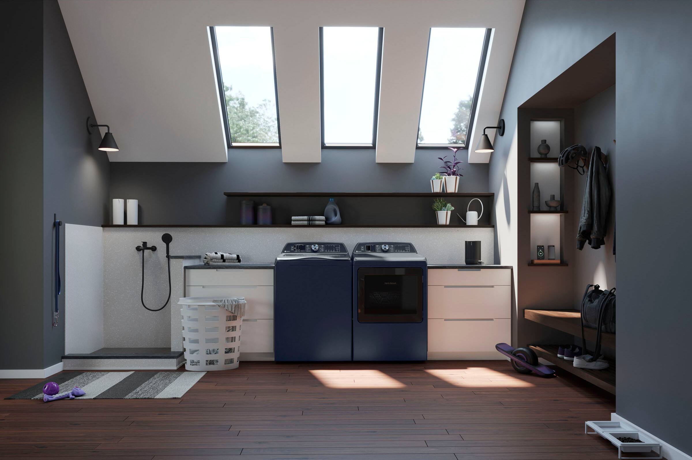 Alt View 6. GE Profile - 7.3 cu. ft. Smart Gas Dryer with Fabric Refresh, Steam, and Washer Link - Sapphire Blue.