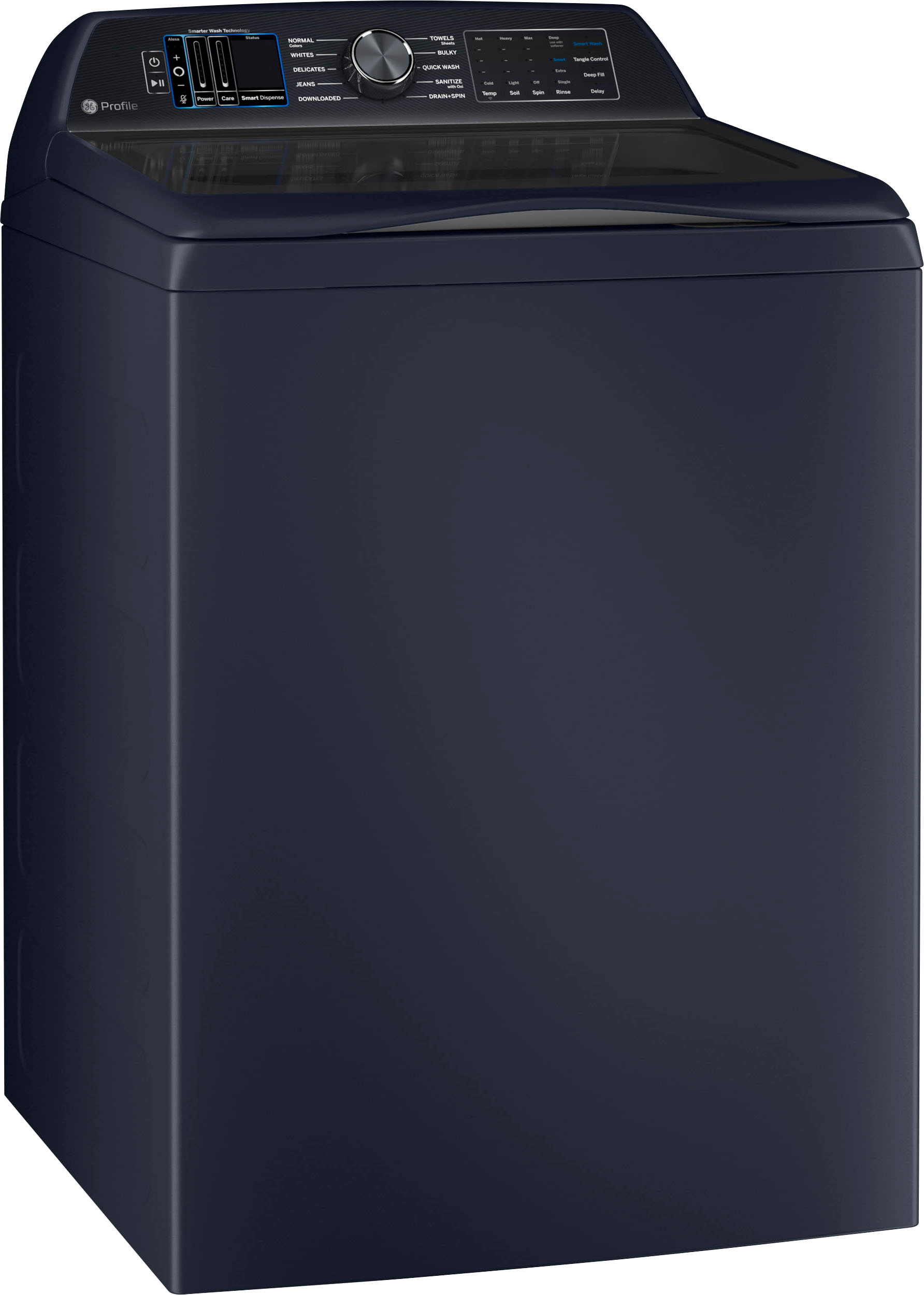 Angle View: GE Profile - 5.4 Cu. Ft. High Efficiency Top Load Washer with Smarter Wash Technology, Easier Reach & Microban Technology - Sapphire Blue
