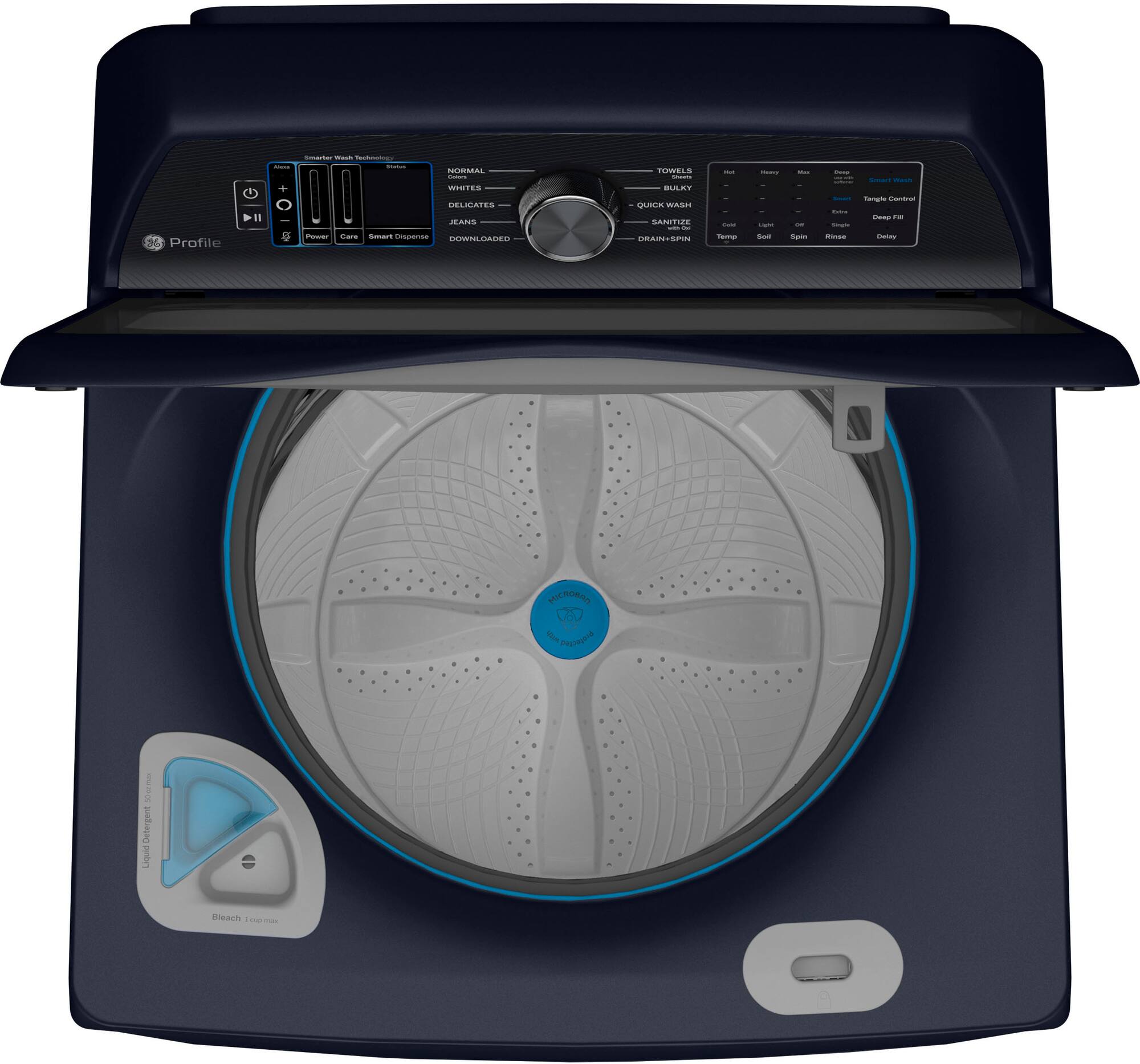 Zoom in on Alt View Zoom 1. GE Profile - 5.4 Cu. Ft. High Efficiency Top Load Washer with Smarter Wash Technology, Easier Reach & Microban Technology - Sapphire Blue.