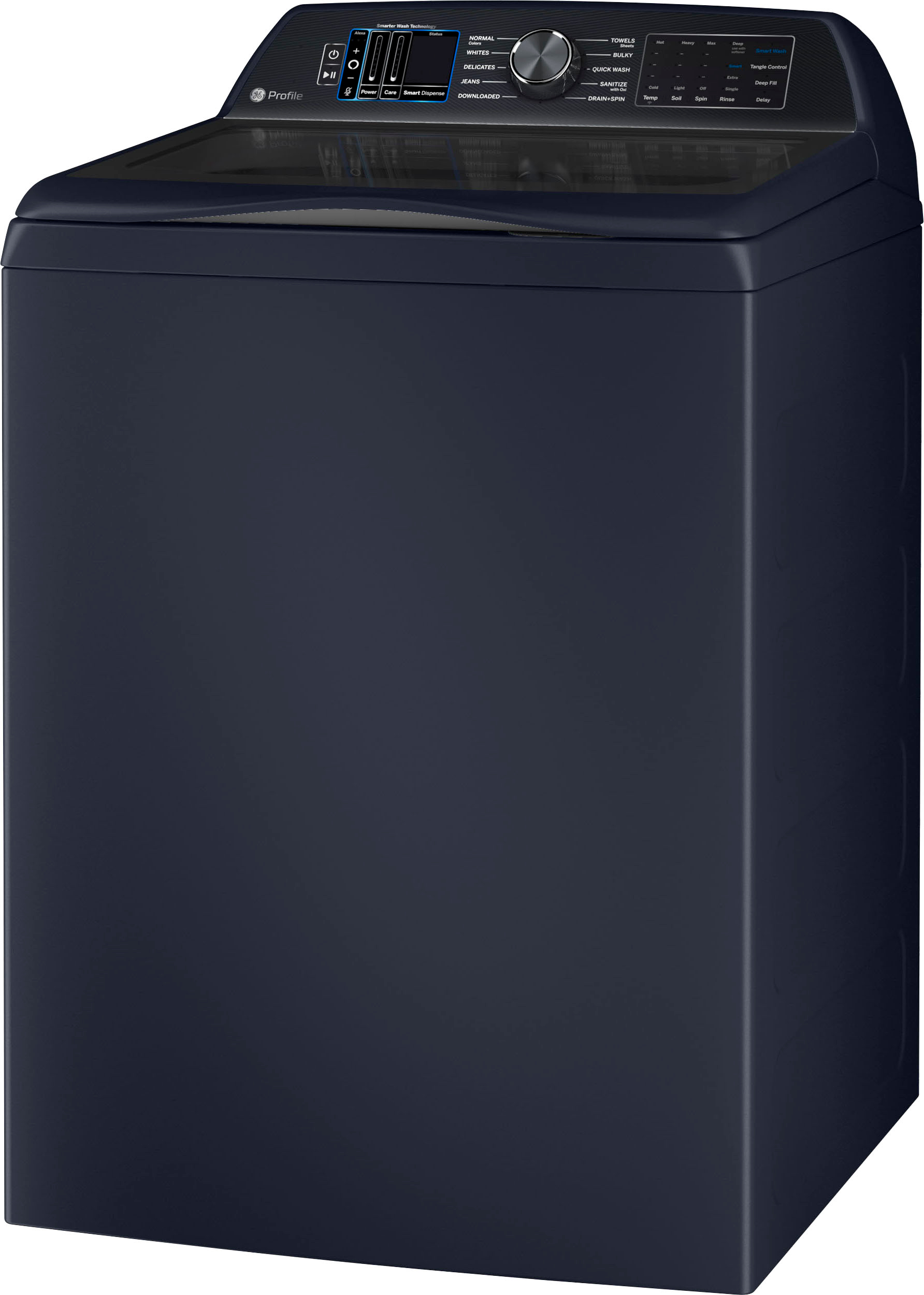 Left View: GE Profile - 5.4 Cu. Ft. High Efficiency Top Load Washer with Smarter Wash Technology, Easier Reach & Microban Technology - Sapphire Blue
