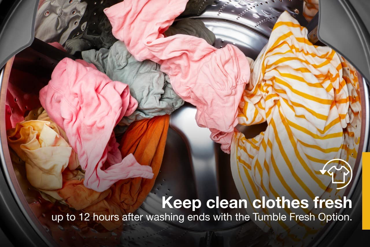 Keep clean clothes fresh up to 12 hours after washing ends with the Tumble Fresh Option.