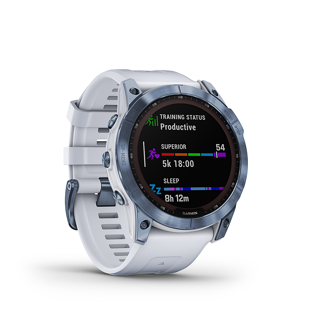 Angle View: Garmin - fēnix 7X  Sapphire Solar GPS Smartwatch 51 mm Fiber-reinforced polymer - Mineral Blue DLC Titanium