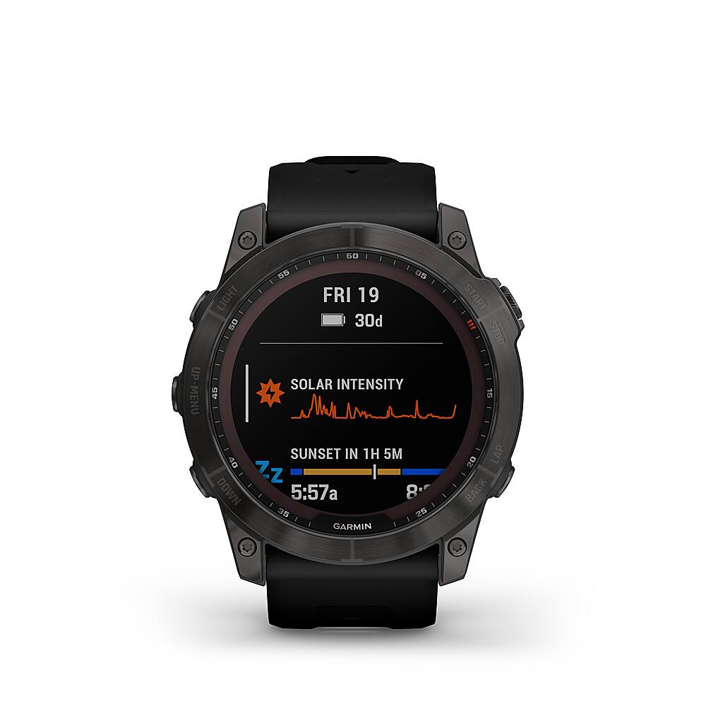 Left. Garmin - fēnix 7X  Sapphire Solar GPS Smartwatch 51 mm Fiber-reinforced polymer - Carbon Gray DLC Titanium.