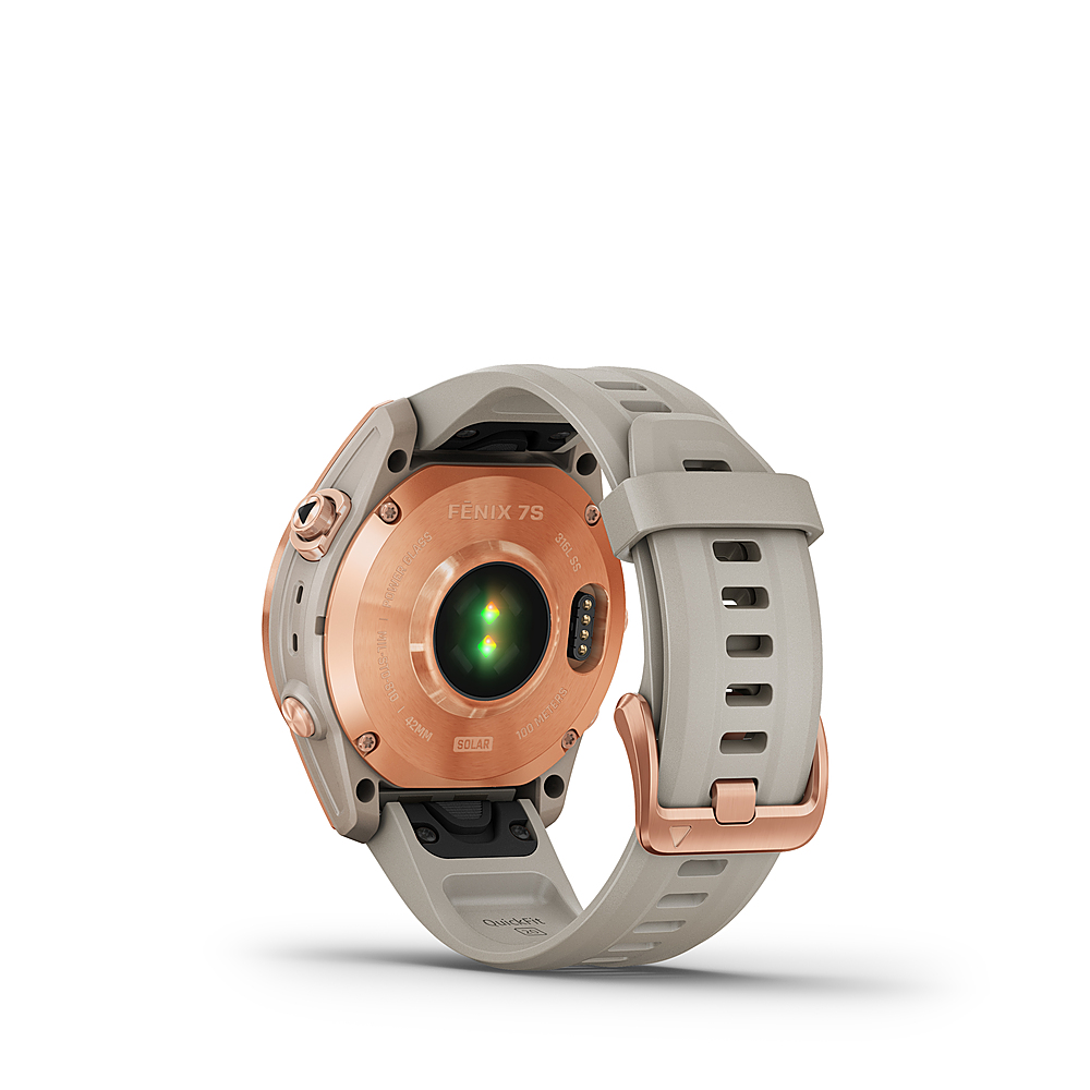 Back View: Garmin fenix 7S Solar, Smaller sized adventure smartwatch, with Solar Charging Capabilities, Rugged outdoor watch with GPS, touchscreen, health and wellness features, rose gold with light sand band