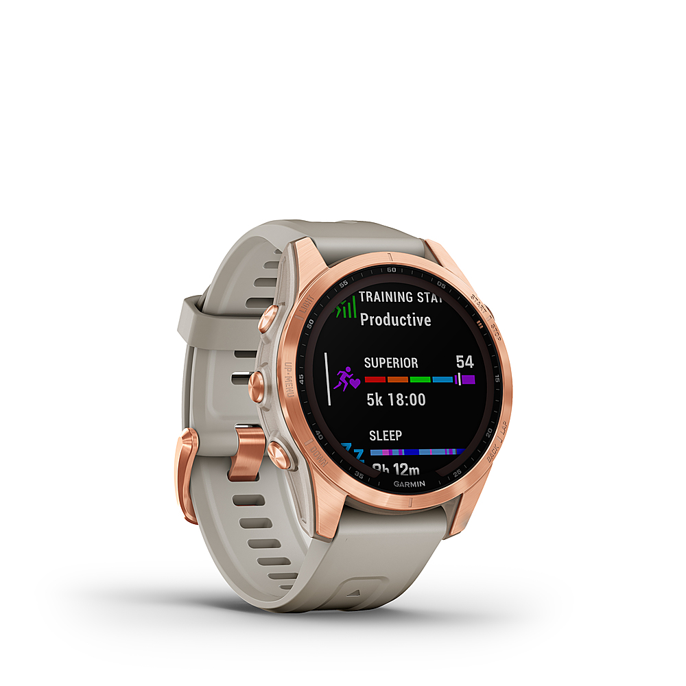 Angle View: Garmin fenix 7S Solar, Smaller sized adventure smartwatch, with Solar Charging Capabilities, Rugged outdoor watch with GPS, touchscreen, health and wellness features, rose gold with light sand band