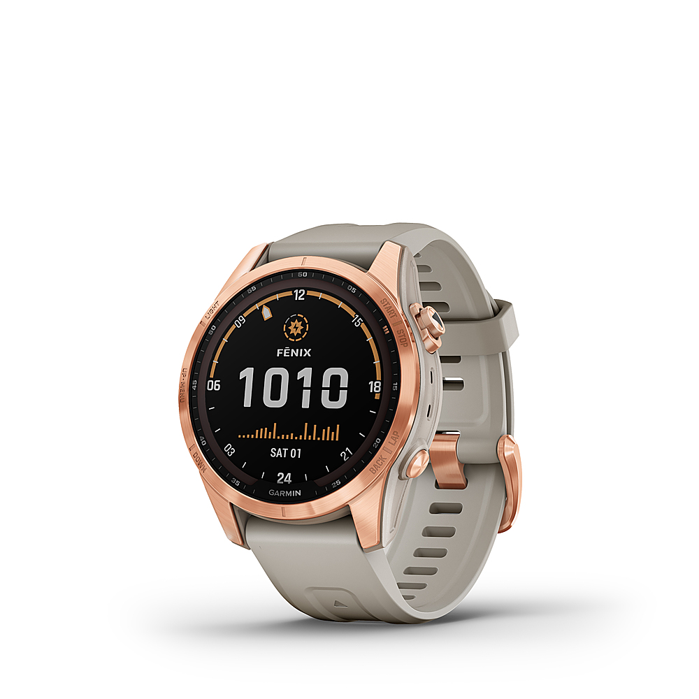 Left View: Garmin fenix 7S Solar, Smaller sized adventure smartwatch, with Solar Charging Capabilities, Rugged outdoor watch with GPS, touchscreen, health and wellness features, rose gold with light sand band