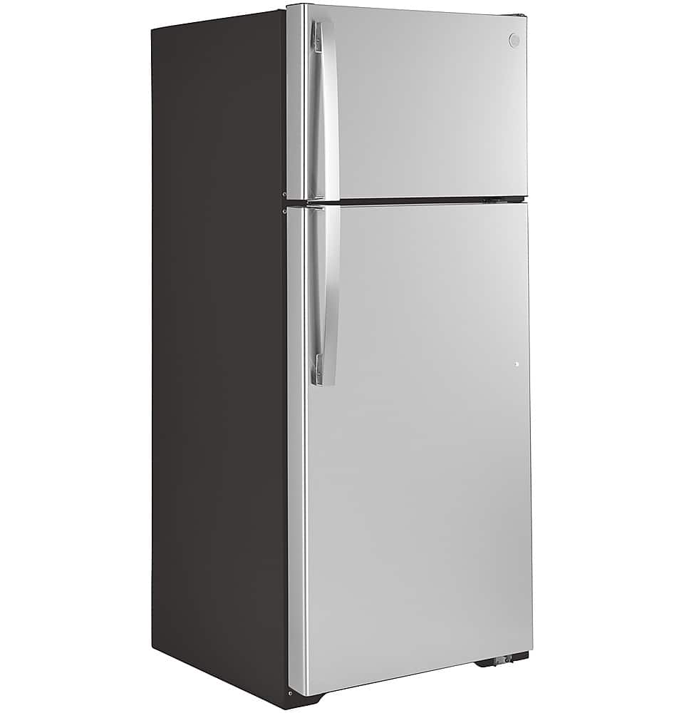 Angle. GE - 17.5 Cu. Ft. Top-Freezer Refrigerator - Fingerprint resistant stainless steel.
