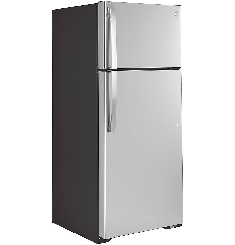 Angle. GE - 17.5 Cu. Ft. Top-Freezer Refrigerator - Fingerprint resistant stainless steel.