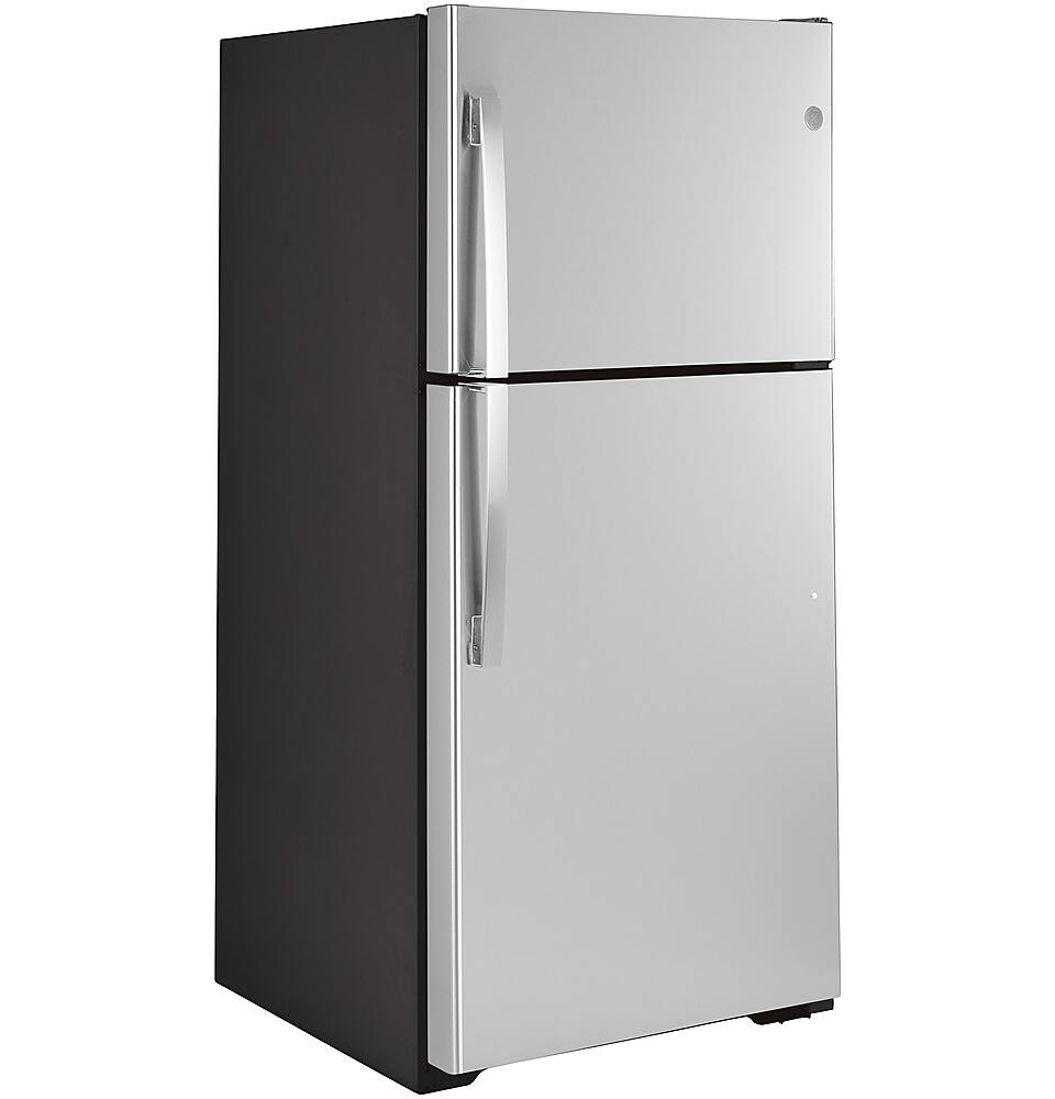 Angle. GE - 19.2 Cu. Ft. Top-Freezer Refrigerator - Fingerprint resistant stainless steel.
