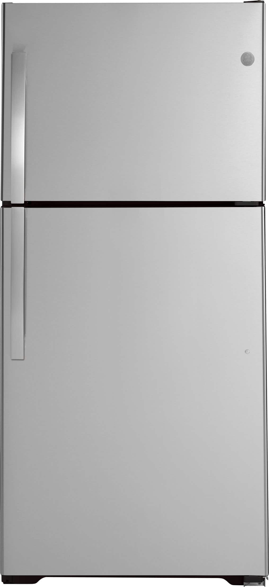 Front. GE - 21.9 Cu. Ft. Top-Freezer Refrigerator with Garage Ready Performance from 38-110 Degrees Fahrenheit - Fingerprint resistant stainless steel.