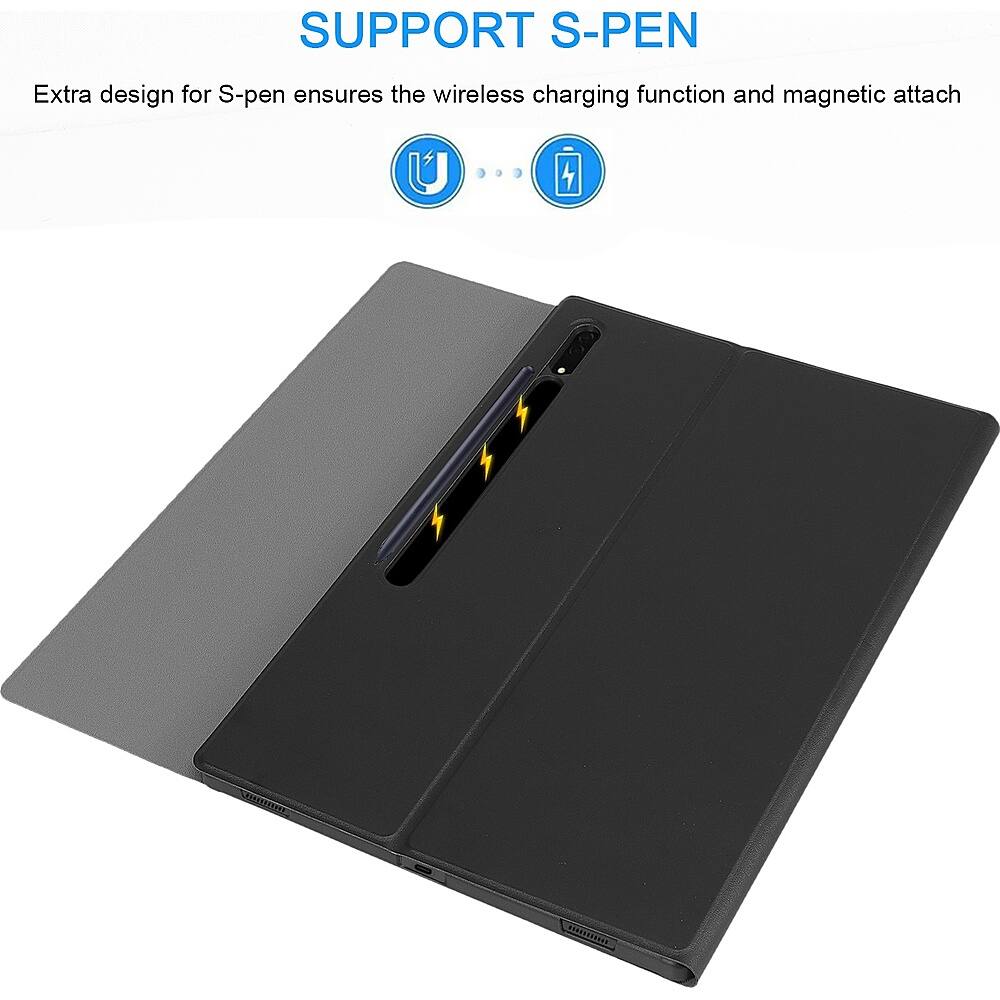 The image features a black case with a S-Pen attached to it. The S-Pen is designed to ensure the wireless charging function and magnetic attachment. The case is open, revealing the S-Pen inside. The product is supported by the S-Pen, which is an essential accessory for the device.