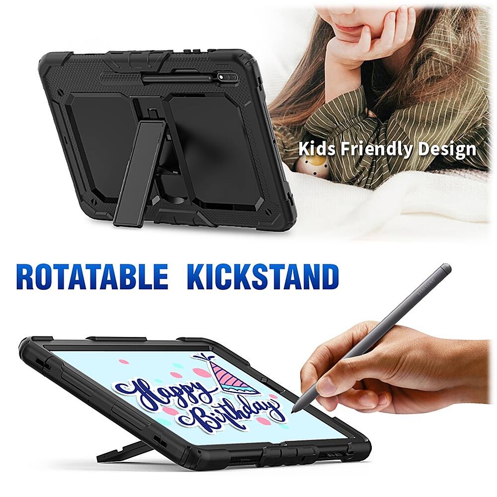The image features a tablet with a rotatable kickstand, which allows it to be propped up at various angles for easy viewing. The tablet has a birthday message displayed on its screen, suggesting that it might be used for celebrating a special occasion. The tablet is placed on a bed, and a person's hand is seen drawing on the screen, possibly adding more personal touches to the birthday message.