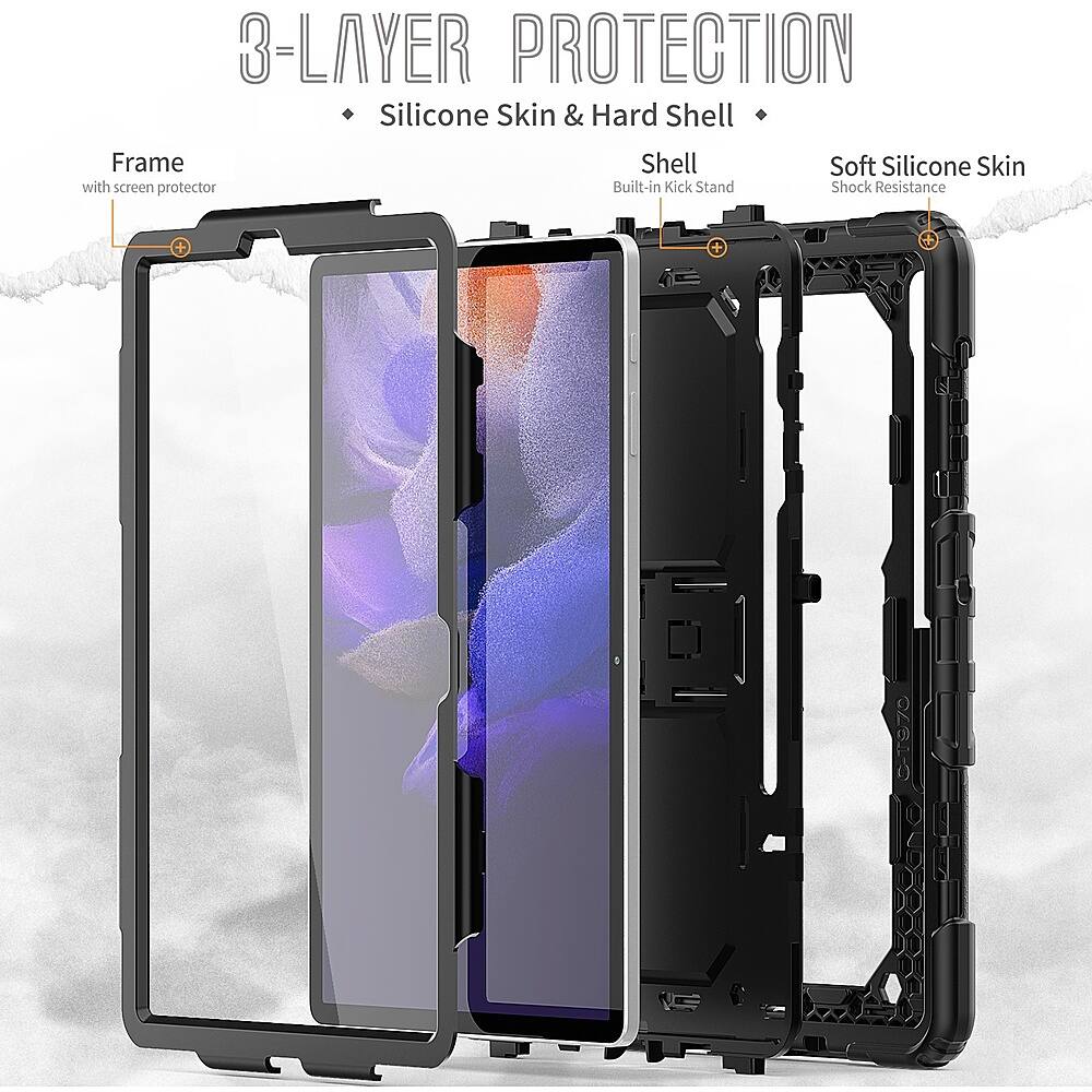 The image features a cell phone case with a 3-layer protection system. The case has a hard shell frame, a soft silicone skin, and a built-in kickstand. The case also provides shock resistance and a screen protector, making it a practical and stylish accessory for the phone.