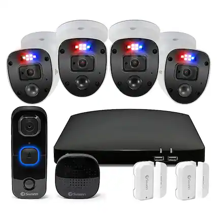 Front. Swann - Home 4-Channel, 4-Camera Indoor/Outdoor 1080p DVR 1TB HDD with Video Doorbell & Alarm New Home Security Starter Kit - White.