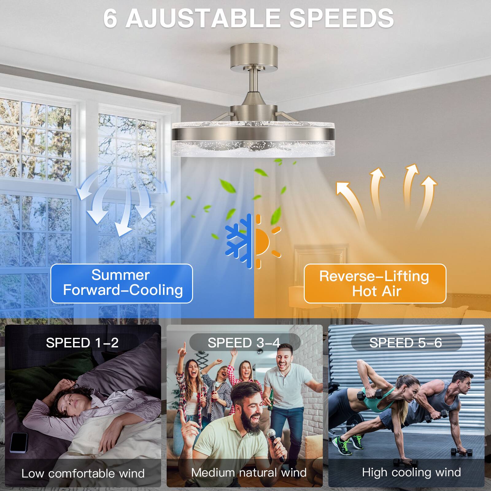 6 Adjustable Speeds

Summer Forward-Cooling
- SPEED 1-2: Low comfortable wind
- SPEED 3-4: Medium natural wind

Reverse-Lifting Hot Air
- SPEED 5-6: High cooling wind