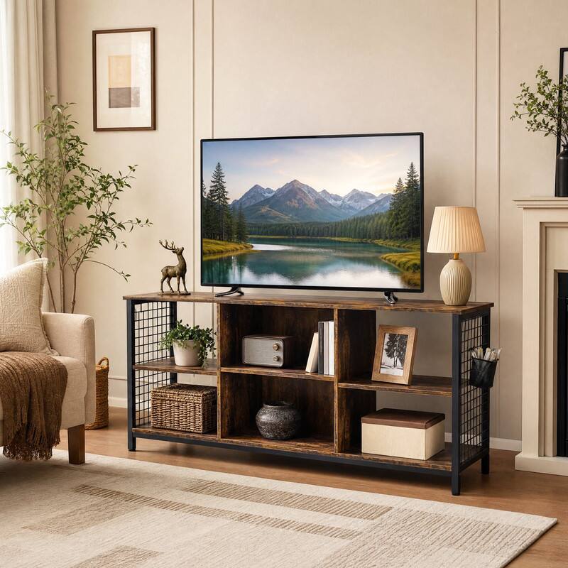 Alt View 2. WELLFOR - Mid-Century TV Stand for TVs up to 65 "with Storage Basket, Entertainment Centre, Media Console Table for Living Room - Rustic Brown.