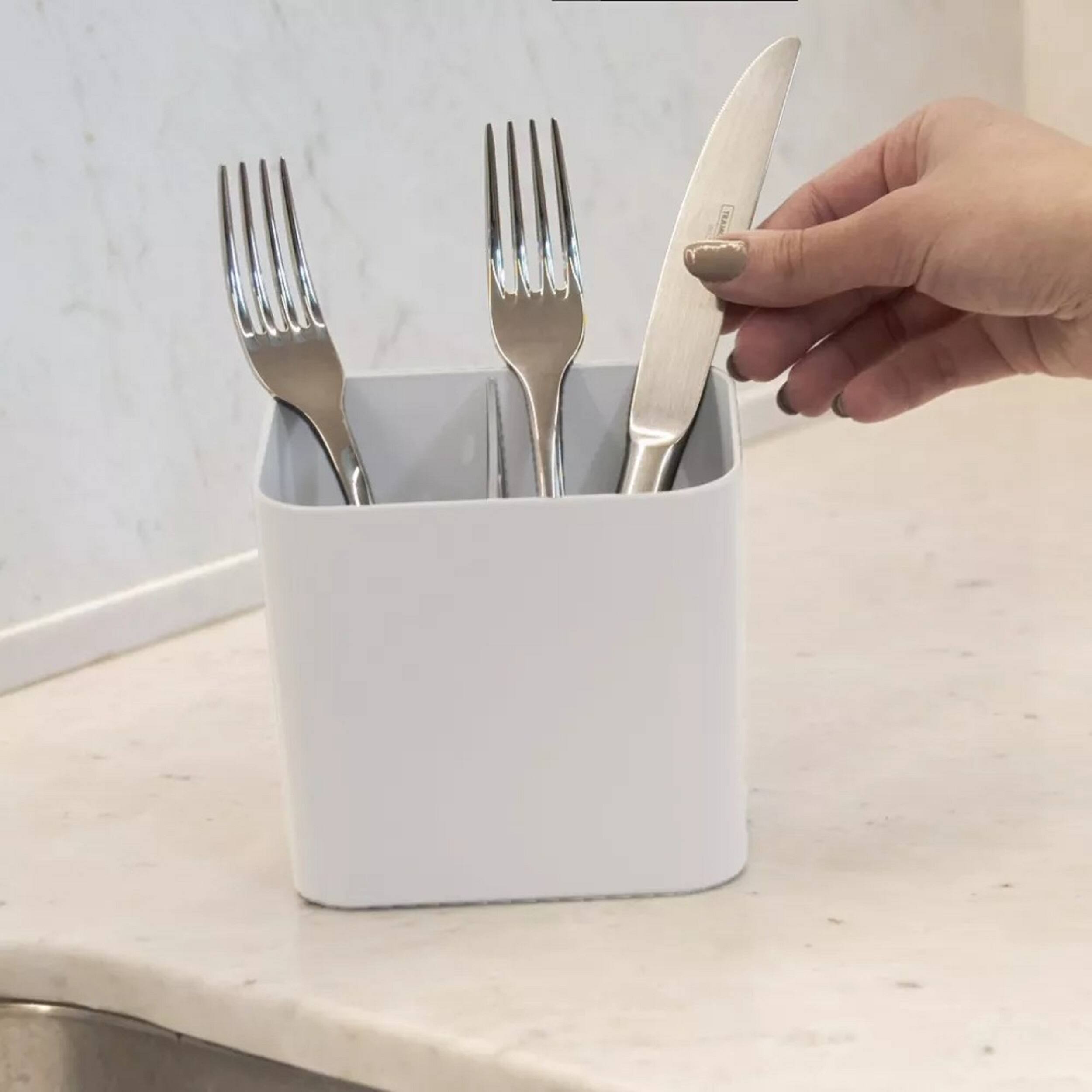 Back. OU - OU Utensil Holder with Removable Divider, Nonslip Cutlery Drainer with Built In Reservoir - White - White.