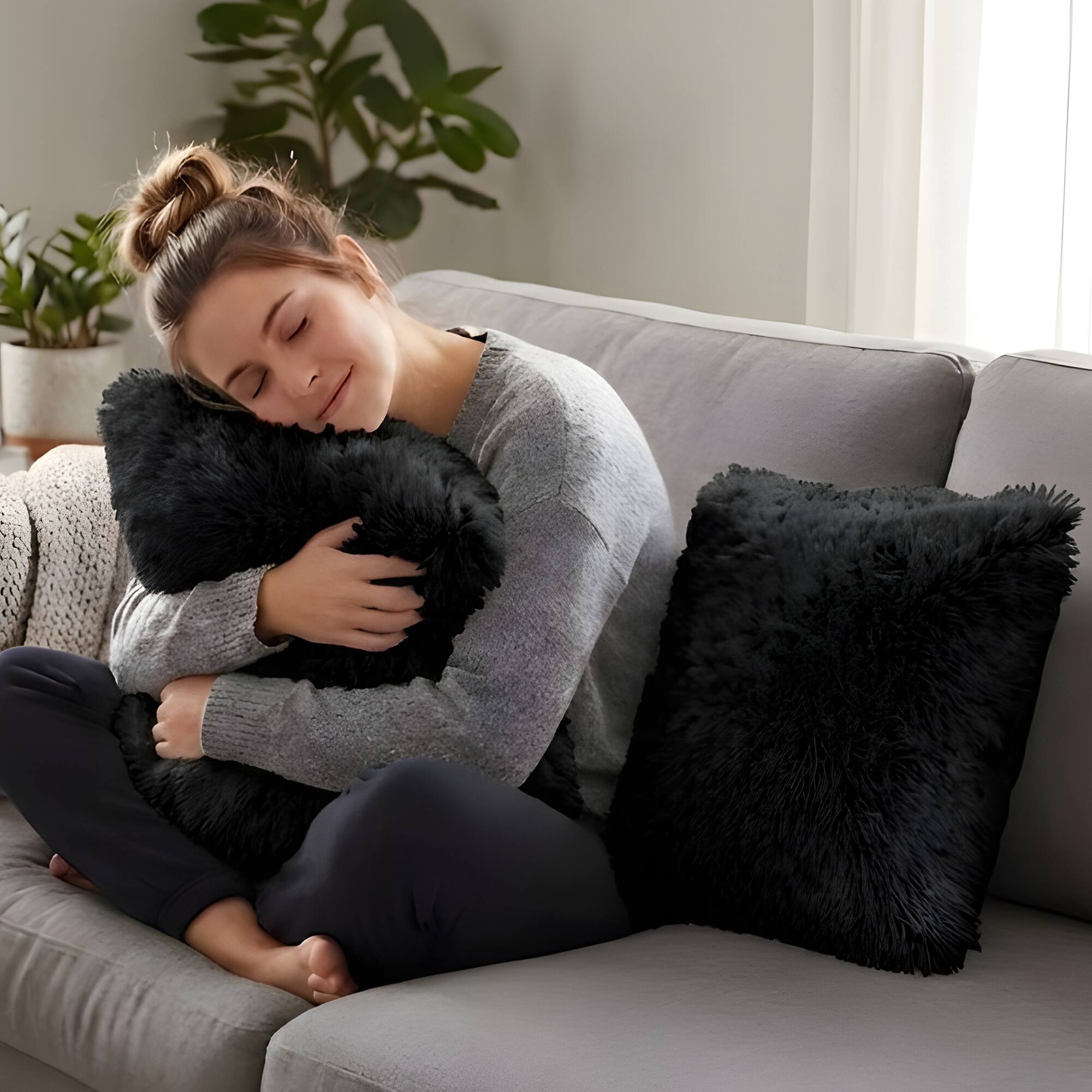 Angle. Cheer Collection - Plush Shaggy Long Hair Faux Fur Accent Throw Pillows with Inserts, 18 x 18-Inch, Set of 2 - Black - Black.