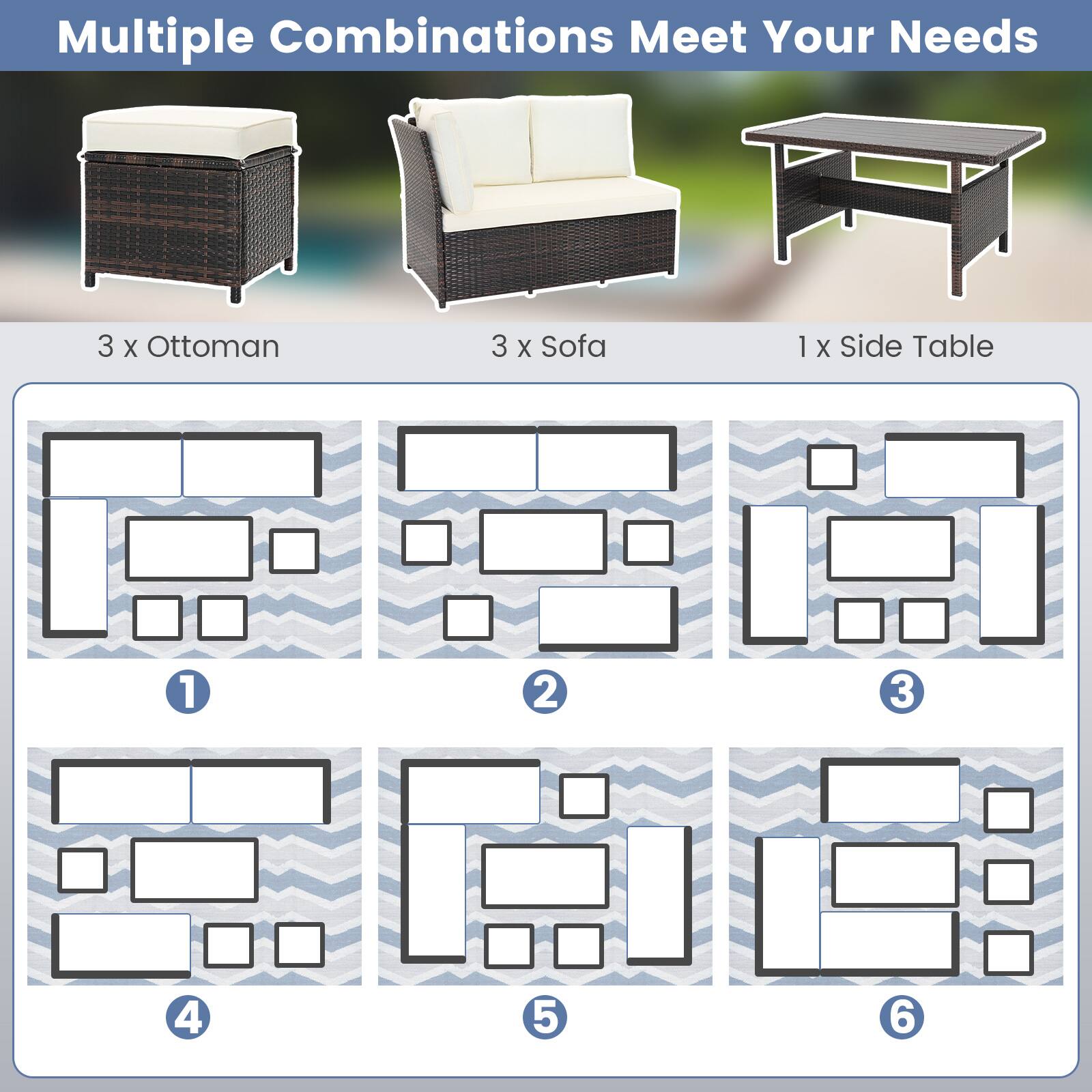 Multiple Combinations Meet Your Needs: 3 x Ottoman, 3 x Sofa, 1 x Side Table.