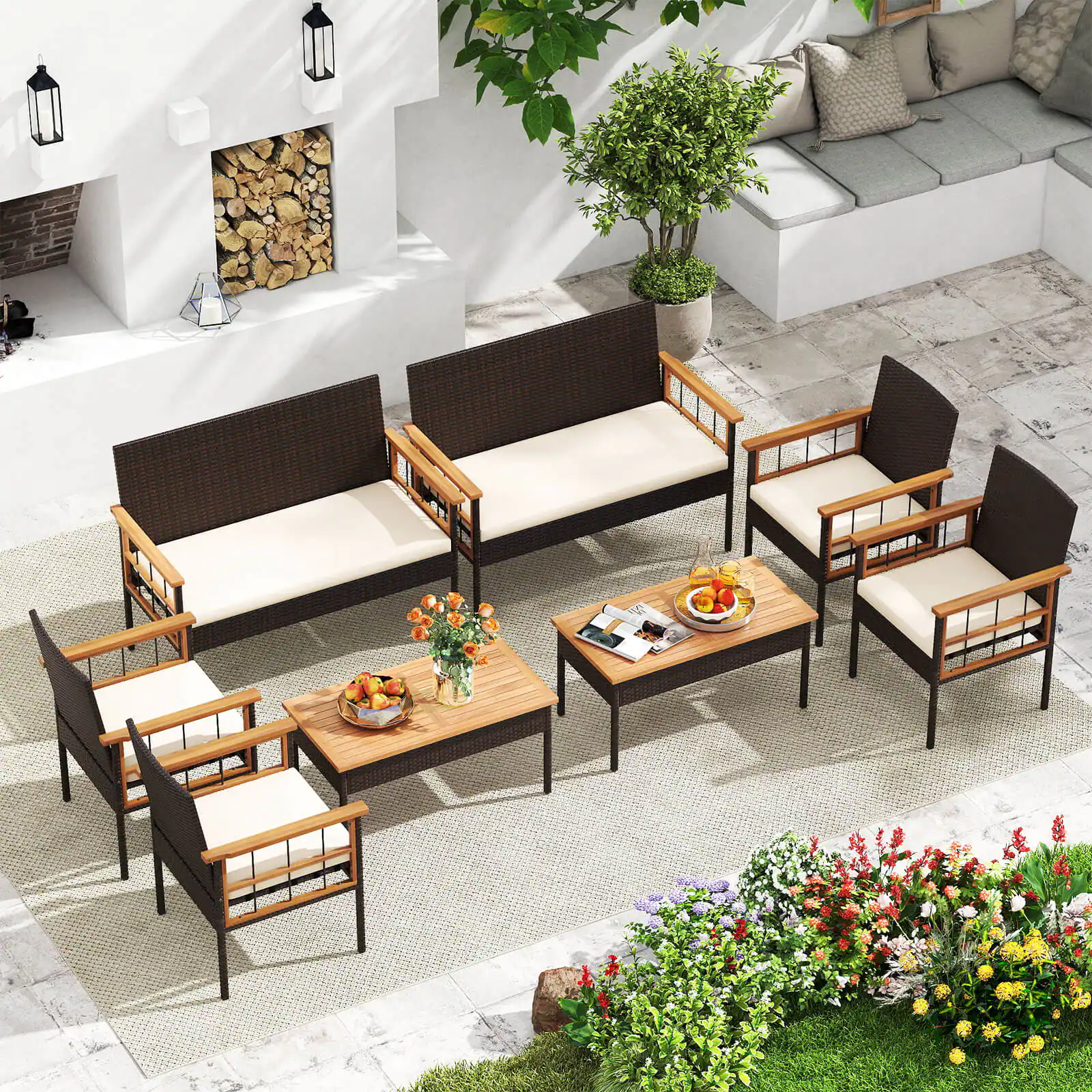 Alt View 4. Costway - Costway 4 PCS Wicker Furniture Set with Acacia Wood Tabletop Armrests Cushions for Backyard - Mix Brown+Off-White.