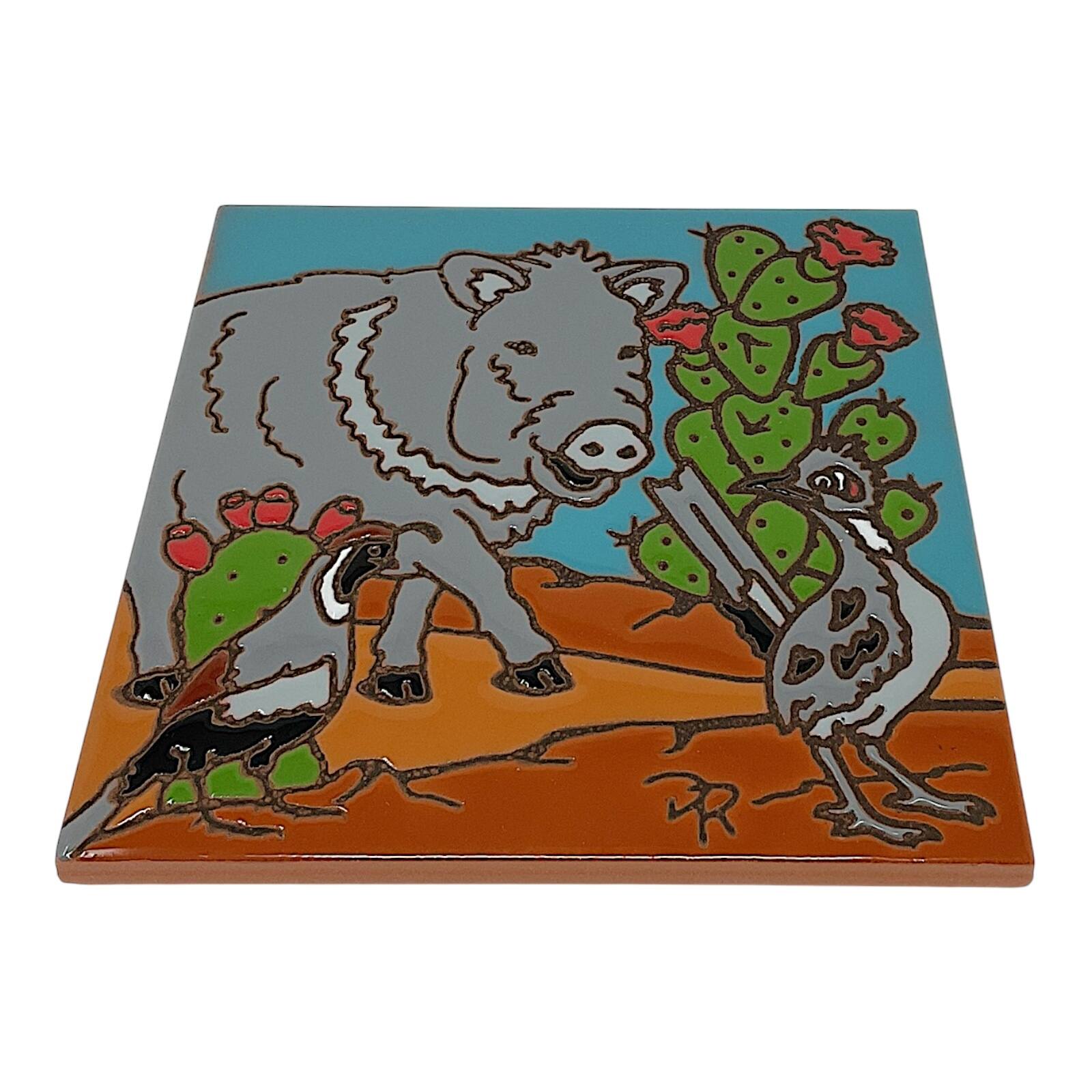 Left. Earthtones Tile - Earthtones Friends of the Southwest Javelina Roadrunner and Quail 6X6 Hand Glazed Decorative Tile - Multicolor.