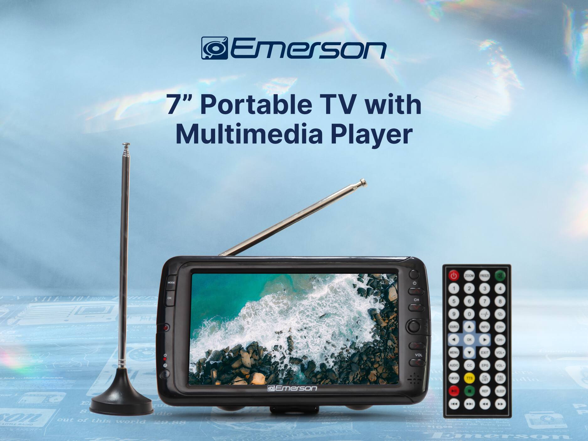 Emerson 7" Portable TV with Multimedia Player -- G - JUOS 2 L 3 a 4 I cas 5 d 1 8 a  a N .  - N -- - - VOL -. 1RIT PA A - Emerson A - . LE TTS LPG -  NP L FEL . S1  1 cU 5 dio 01L out of this world 24.50 ..  -. *. -. .. = 1 Emerson