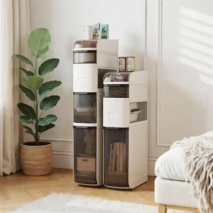 Front. Pefilos - 4-Tier Narrow Bathroom Storage Cabinet, Drawers Tissue Box, Smooth Wheels - White.