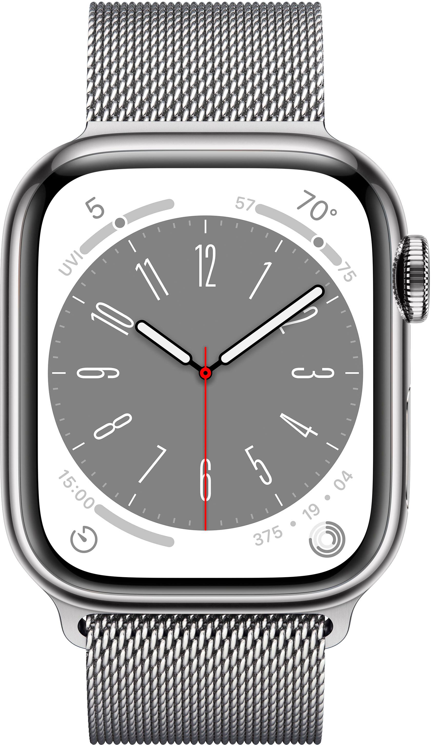 Angle. Apple - Apple Watch Series 8 (GPS + Cellular) 41mm Stainless Steel Case with Silver Milanese Loop - Silver.