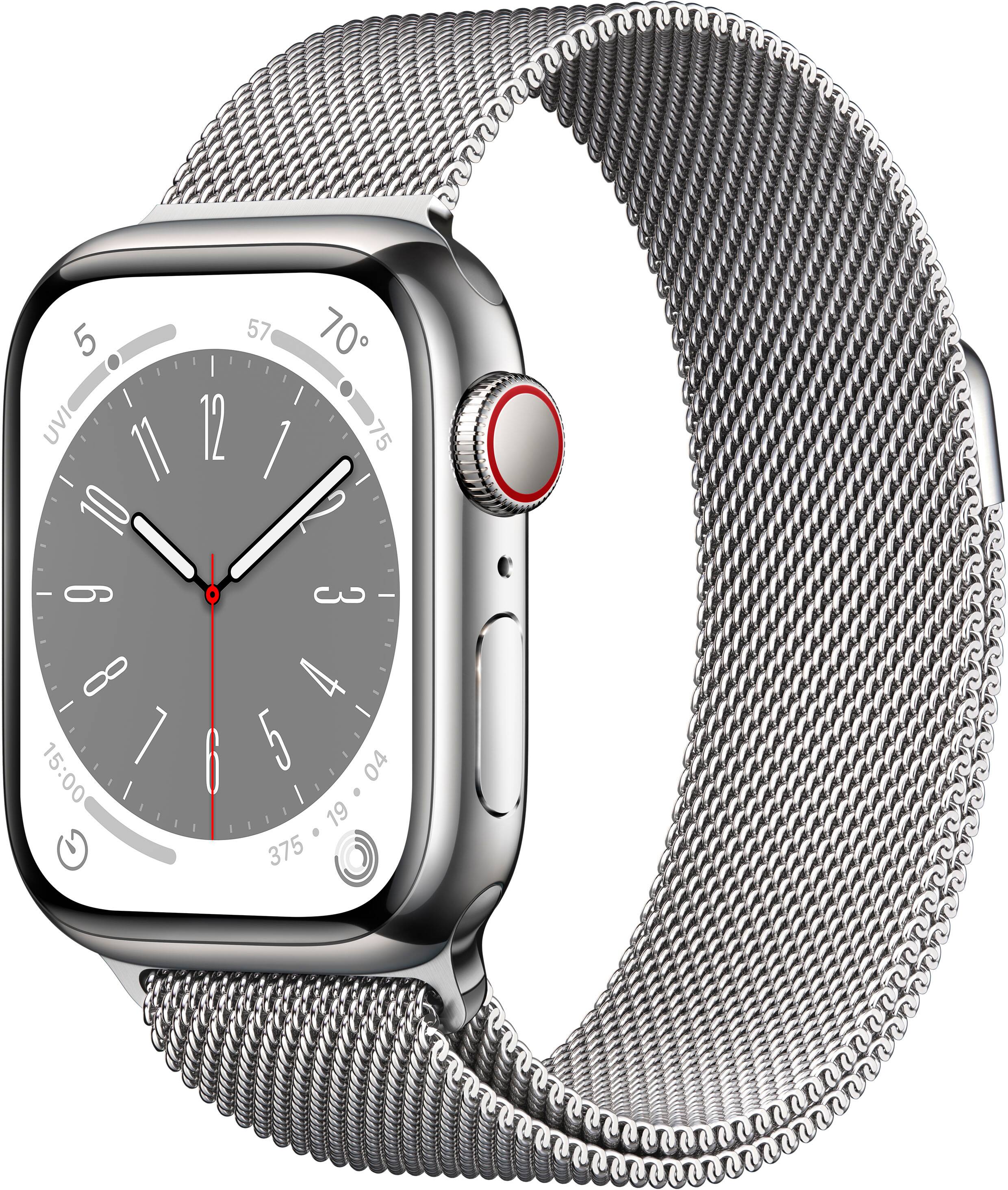 The image shows a watch with a silver band and a gray face. The time displayed on the watch is 15:00.