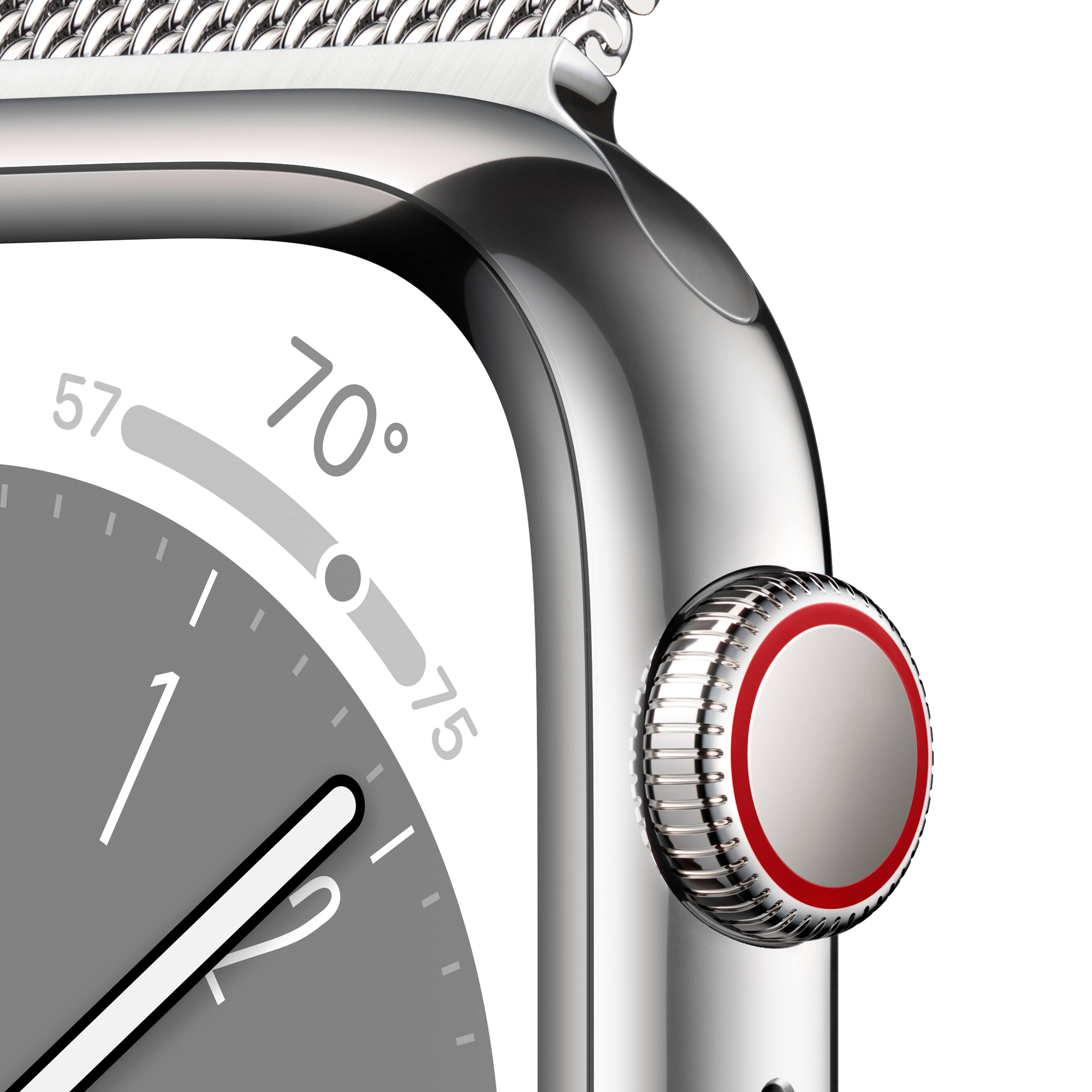 Left. Apple - Apple Watch Series 8 (GPS + Cellular) 41mm Stainless Steel Case with Silver Milanese Loop - Silver.