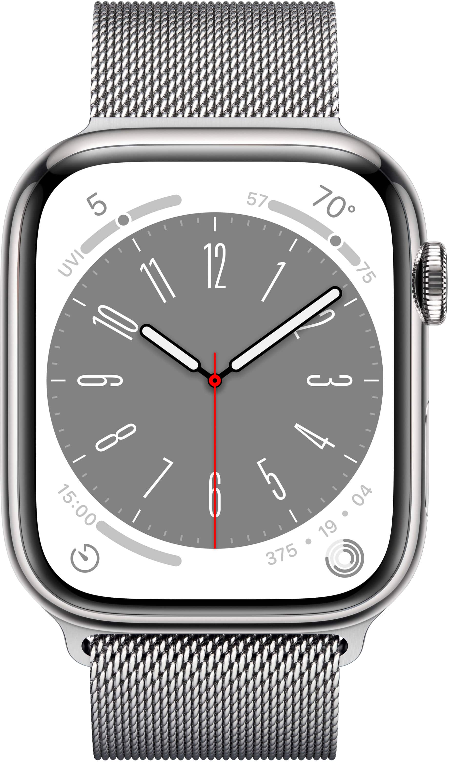Angle. Apple - Apple Watch Series 8 (GPS + Cellular) 45mm Stainless Steel Case with Silver Milanese Loop - Silver.