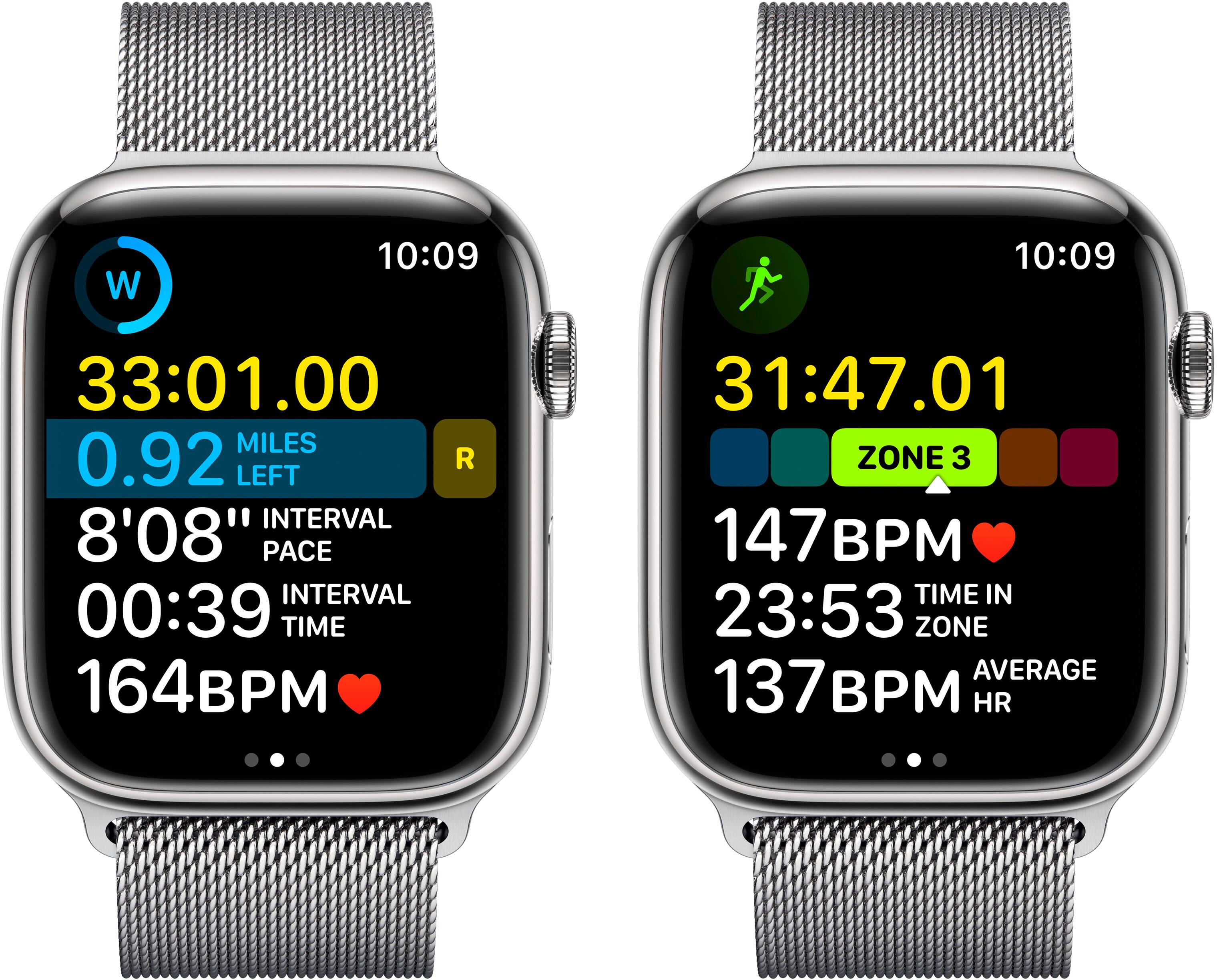 The text on the image is grouped and corrected as follows:
* W 10:09 10:09 33:01.00 MILES 0.92 R LEFT INTERVAL 8'08' PACE INTERVAL 00:39 TIME 164BPM 31:47.01 ZONE 3 147BPM TIME IN 23:53 ZONE AVERAGE 137B /BPM HR
This text describes the watch face of a smartwatch, which is displaying the following information:
* W: The watch face is displaying the time in the 24-hour format.
* 10:09: The time is 10:09.
* 33:01.00: The watch face is displaying the elapsed time for a specific activity, such as running or exercising.
* MILES 0.92: The watch face is displaying the distance covered during the activity.
* R: The watch face is displaying the current heart rate.
* LEFT INTERVAL: The watch face is displaying the left interval, which is the time between heart rate measurements.
* 8'08': The left interval is 8 minutes and 8 seconds.
* PACE INTERVAL: The watch face is displaying the pace interval, which is the time it takes to cover a specific distance.
* 00:39: The pace interval is 39 minutes.
* TIME 164BPM 31:47.01: The watch face is displaying the time and average heart rate during the activity.
* ZONE 3 147BPM: The watch face is displaying the heart rate zone, which is based on the average heart rate during the activity.
* TIME IN 23:53: The watch face is displaying the time it took to complete the activity.
* ZONE AVERAGE 137B /BPM HR: The watch face is displaying the average heart rate during the activity.