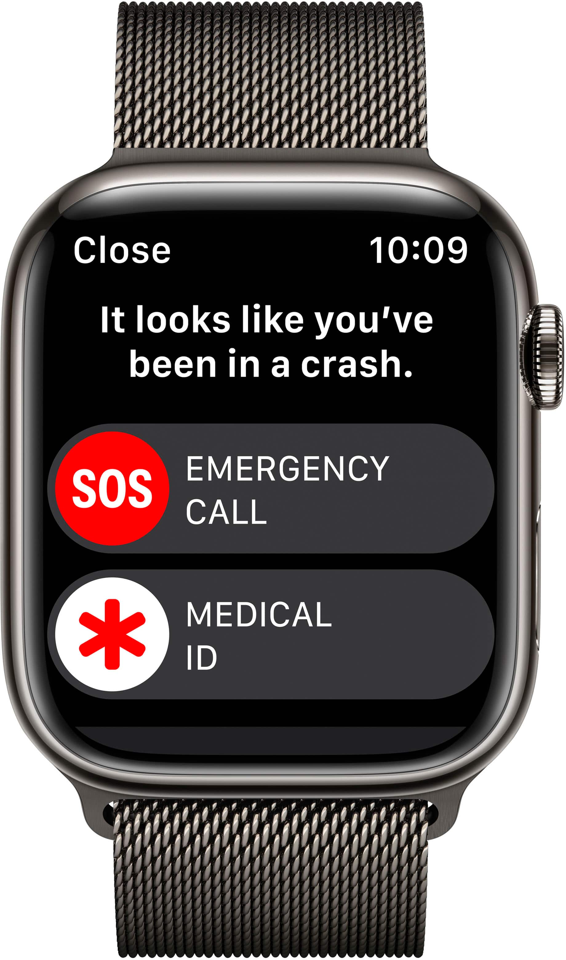 The text on the image reads: "Close 10:09 It looks like you've been in a crash. EMERGENCY SOS CALL MEDICAL * ID."