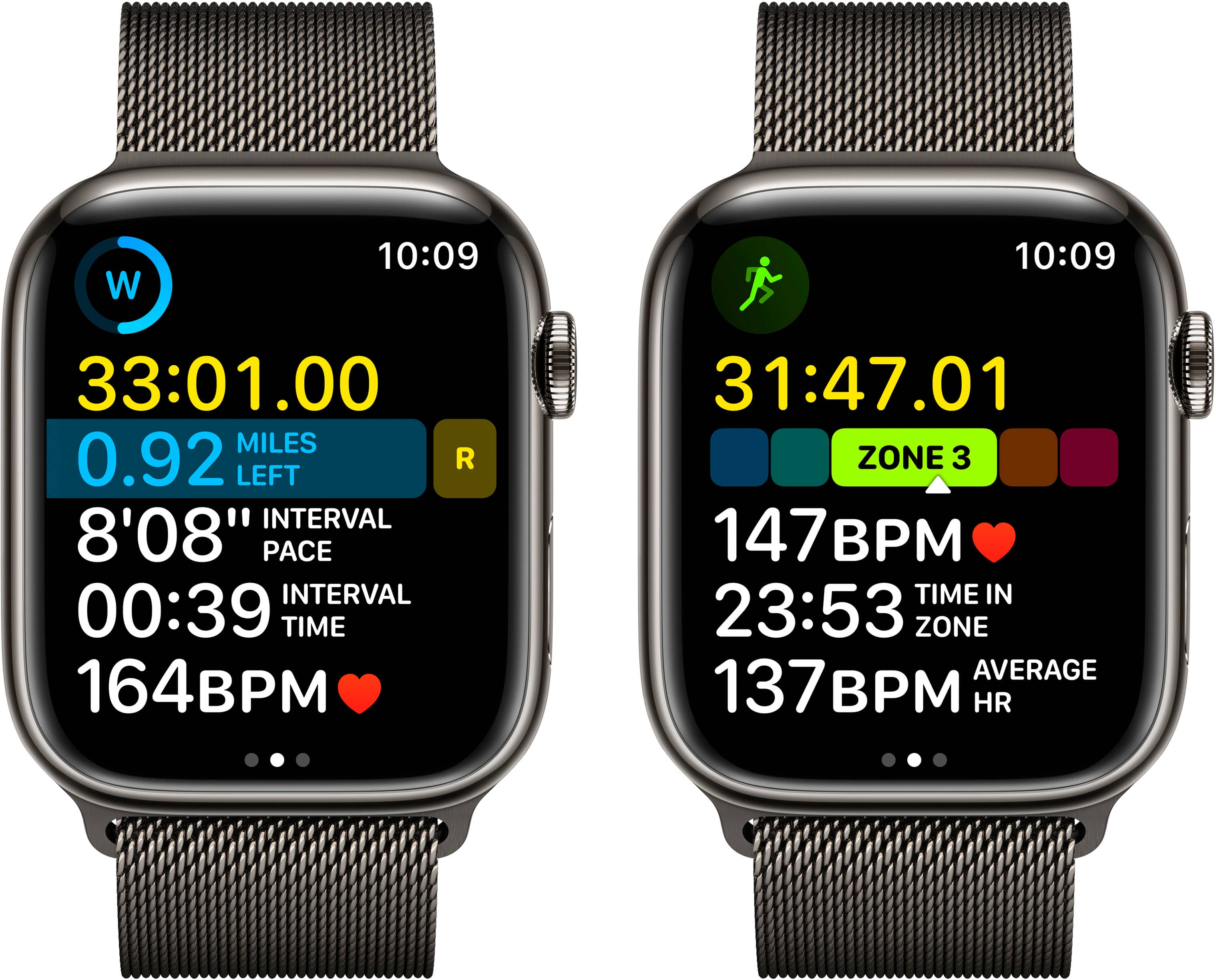 The text on the image is grouped and corrected as follows:
* W 10:09 10:09 33:01.00 MILES 0.92 R LEFT INTERVAL 8'08' PACE INTERVAL 00:39 TIME 164BPM 31:47.01 ZONE 3 147BPM TIME IN 23:53 ZONE AVERAGE 137 BPM HR
This text represents the data displayed on two watches, showing the time, heart rate, and other fitness-related information. The watches are displaying the same information, indicating that they are synchronized or connected.