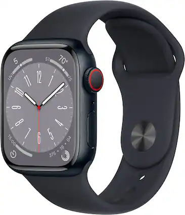 Front. Apple - Apple Watch Series 8 (GPS + Cellular) 41mm Aluminum Case with Midnight Sport Band - S/M - Midnight.
