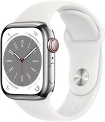Apple Watch Series 8 GPS + Cellular 41mm Silver Stainless Steel Case with White Sport Band - M/L - Silver - Front_Zoom