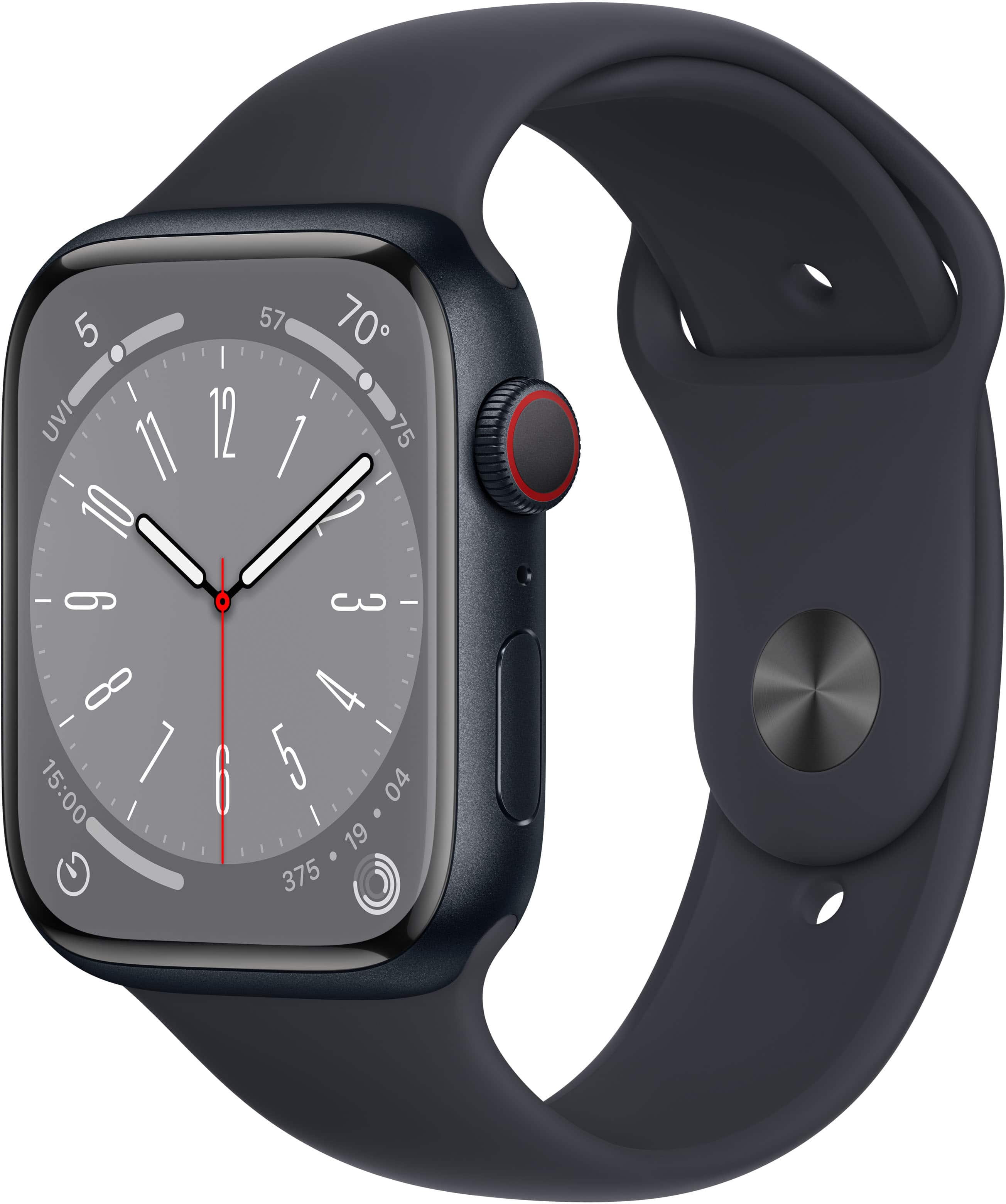 Front. Apple - Apple Watch Series 8 (GPS + Cellular) 45mm Aluminum Case with Midnight Sport Band - S/M - Midnight.