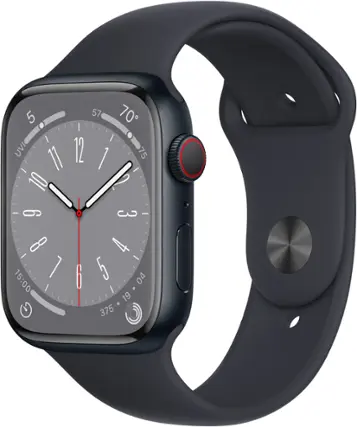 Front. Apple - Apple Watch Series 8 (GPS + Cellular) 45mm Aluminum Case with Midnight Sport Band - M/L - Midnight.
